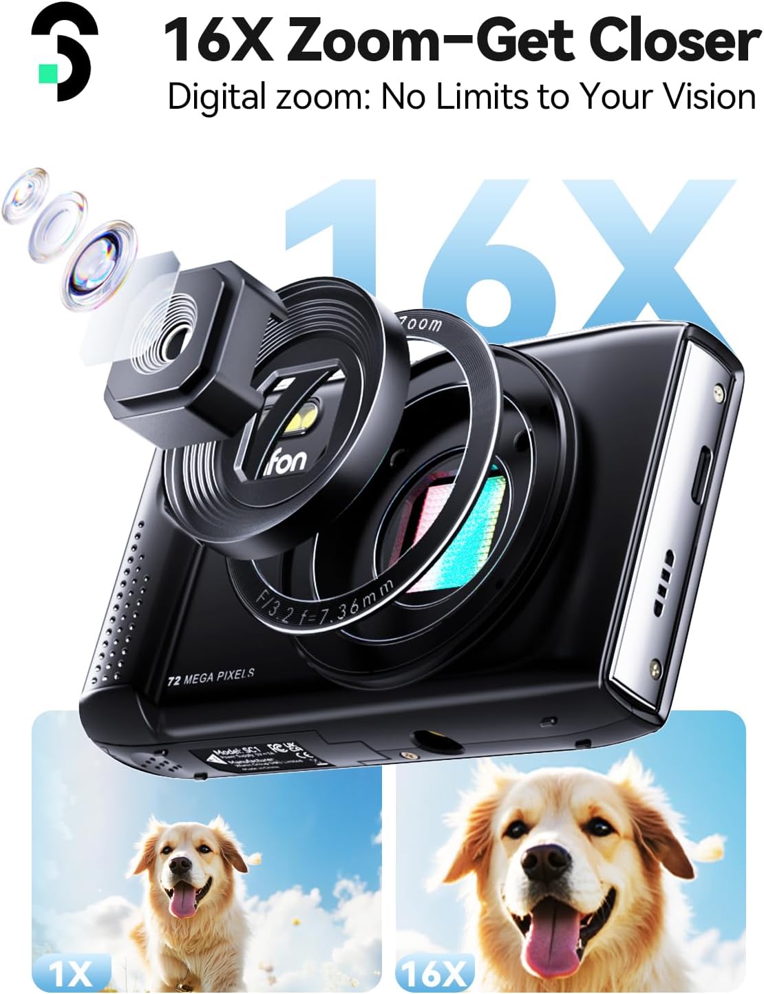 CÁMARA DIGITAL SOOMFON - CÁMARAS PARA NIÑOS MAX 72MP DE PUNTO Y DISPARO CON ZOOM 16X, TARJETA TF DE 32G, 2 BATERÍAS Y LECTOR - 3