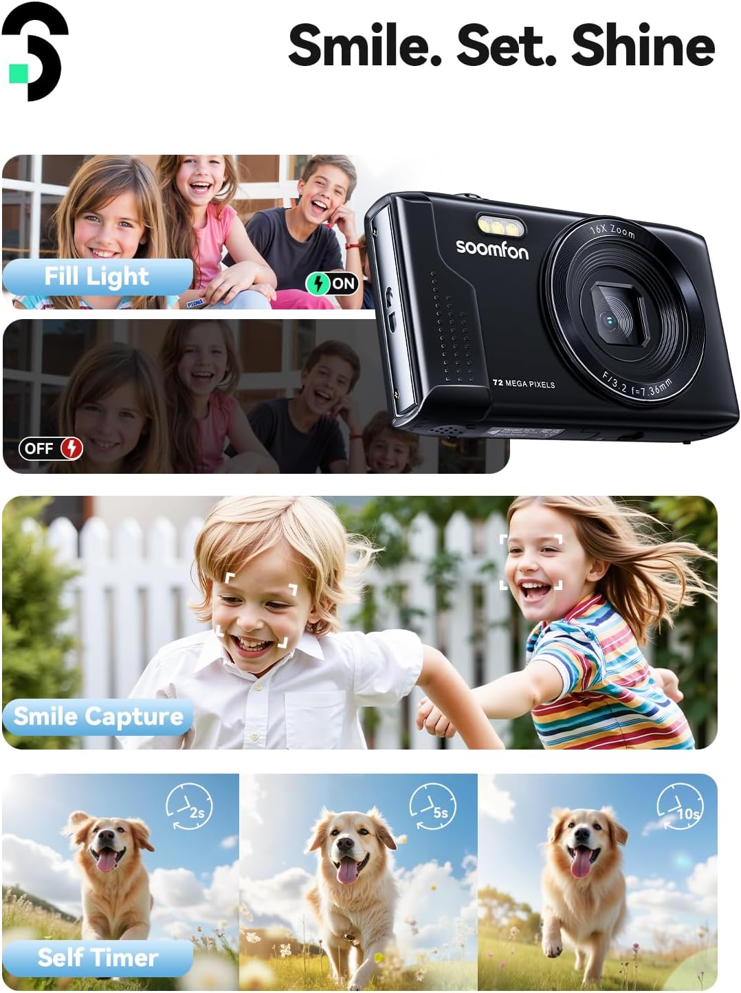 CÁMARA DIGITAL SOOMFON - CÁMARAS PARA NIÑOS MAX 72MP DE PUNTO Y DISPARO CON ZOOM 16X, TARJETA TF DE 32G, 2 BATERÍAS Y LECTOR - 5