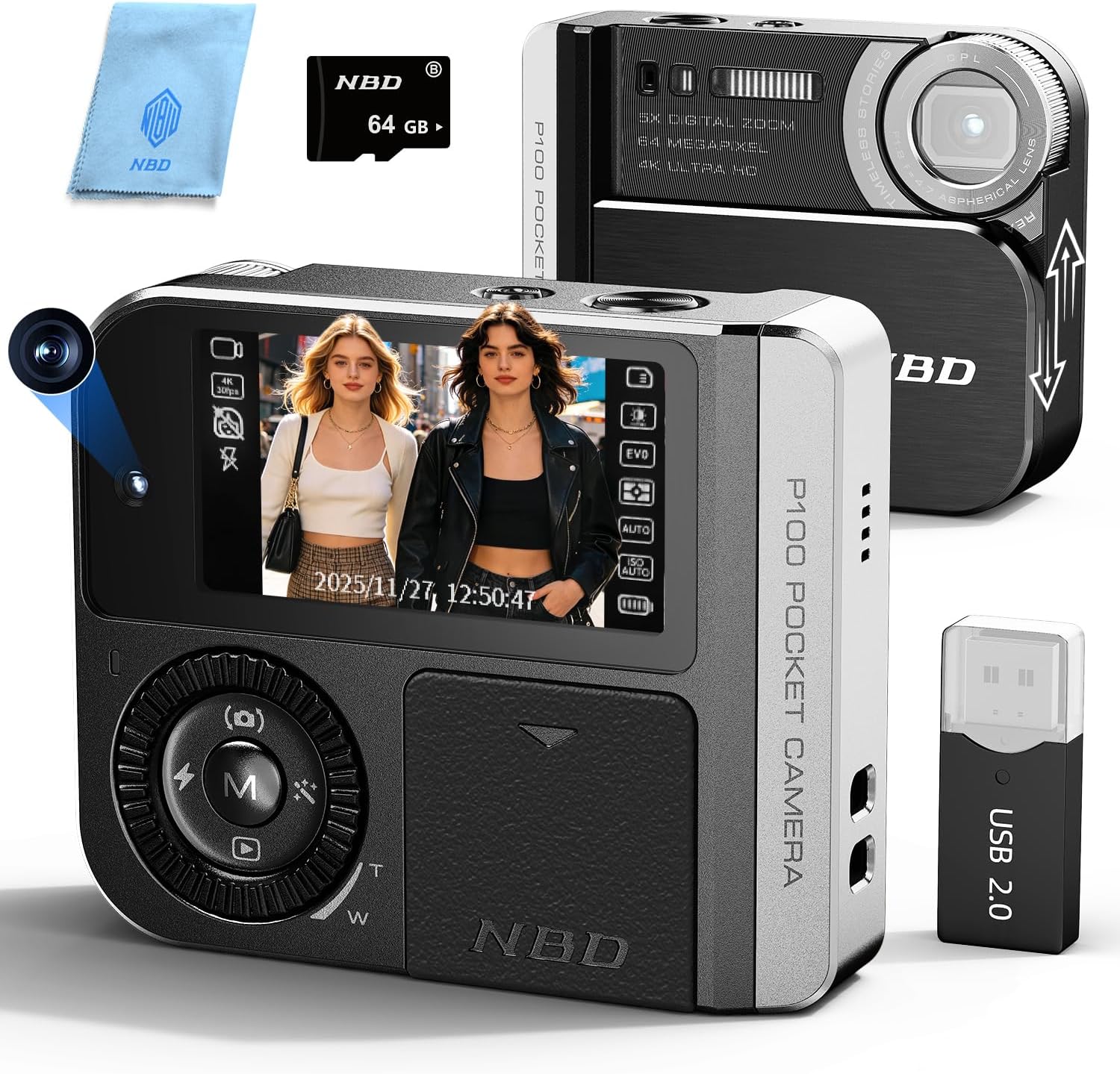 CÁMARA DIGITAL DE 64 MP Y 4K PARA FOTOGRAFÍA, CÁMARA DE BOLSILLO, DESLIZA PARA ENCENDER, ZOOM DIGITAL 5X, PANTALLA DUAL - 1