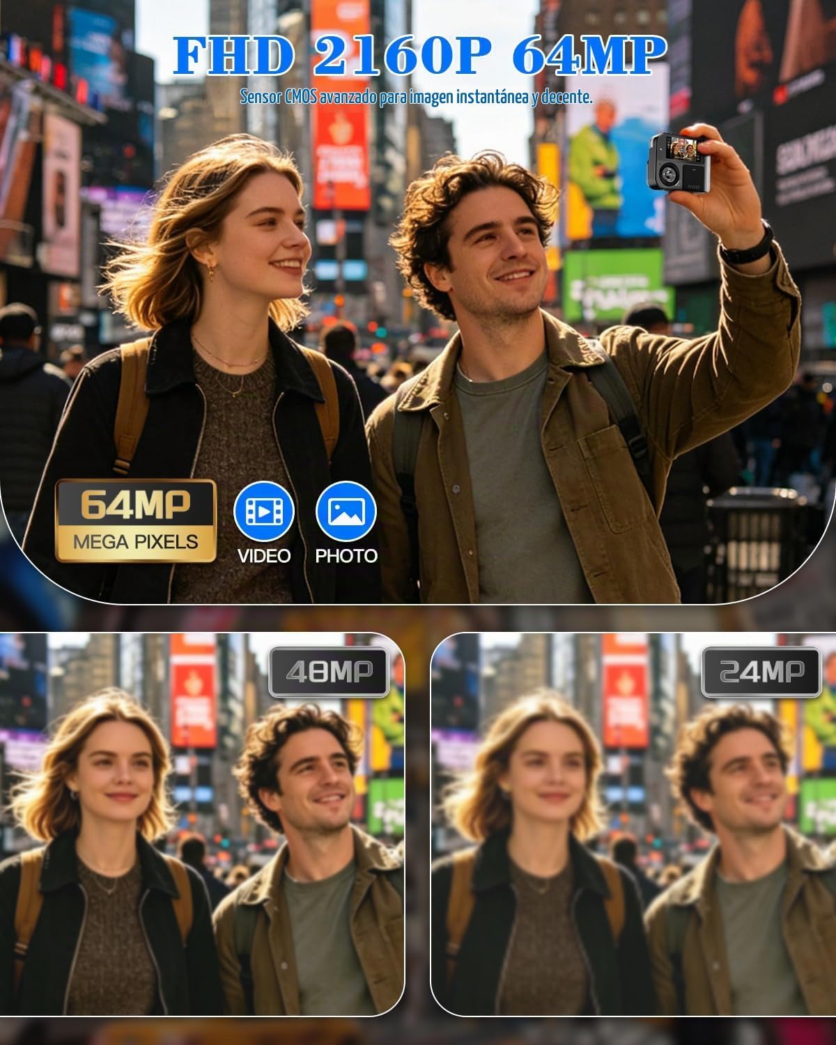 CÁMARA DIGITAL DE 64 MP Y 4K PARA FOTOGRAFÍA, CÁMARA DE BOLSILLO, DESLIZA PARA ENCENDER, ZOOM DIGITAL 5X, PANTALLA DUAL - 3
