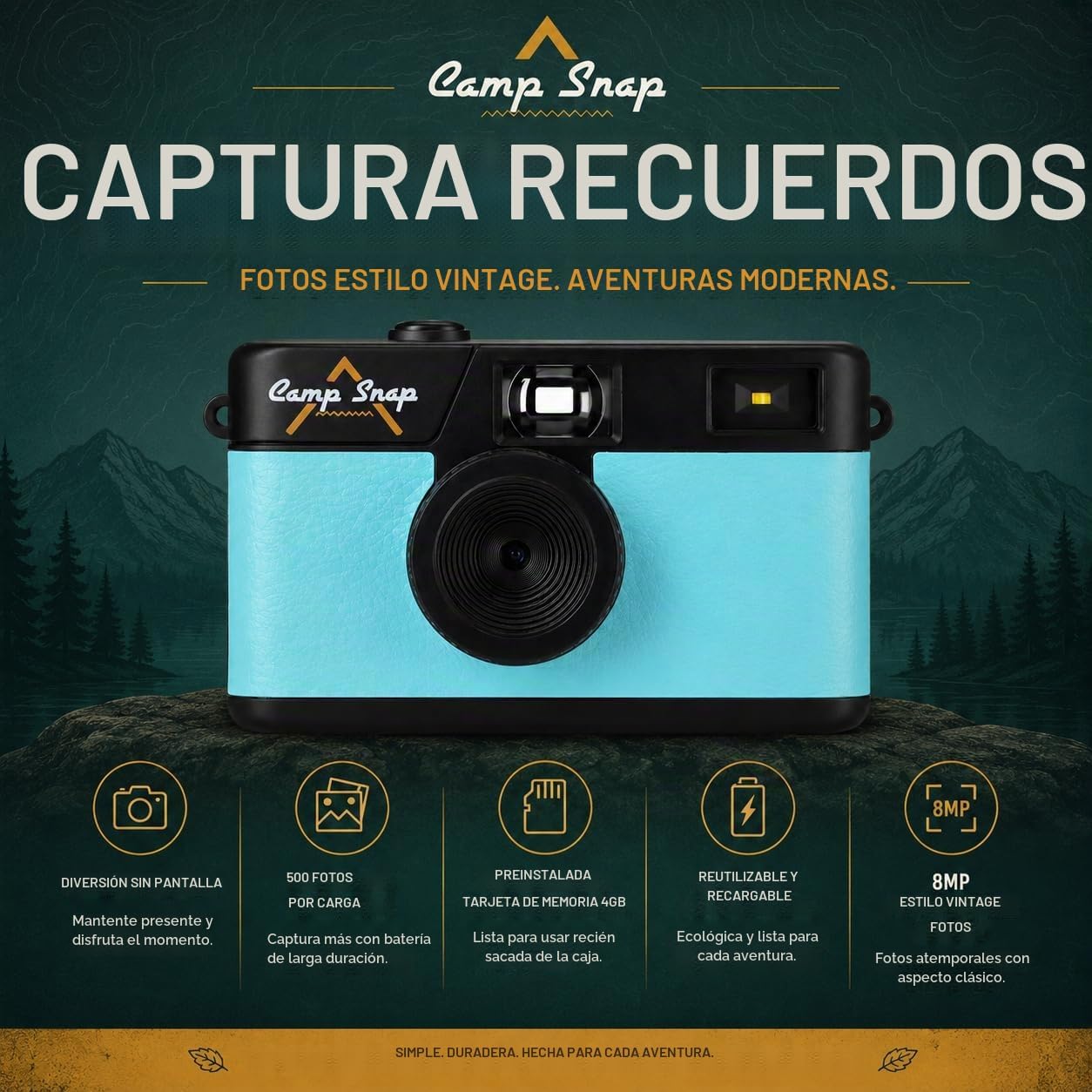 CAMP SNAP CÁMARA DIGITAL SIN PANTALLA 8MP 4GB MEMORIA SEAGLASS AZUL - 3