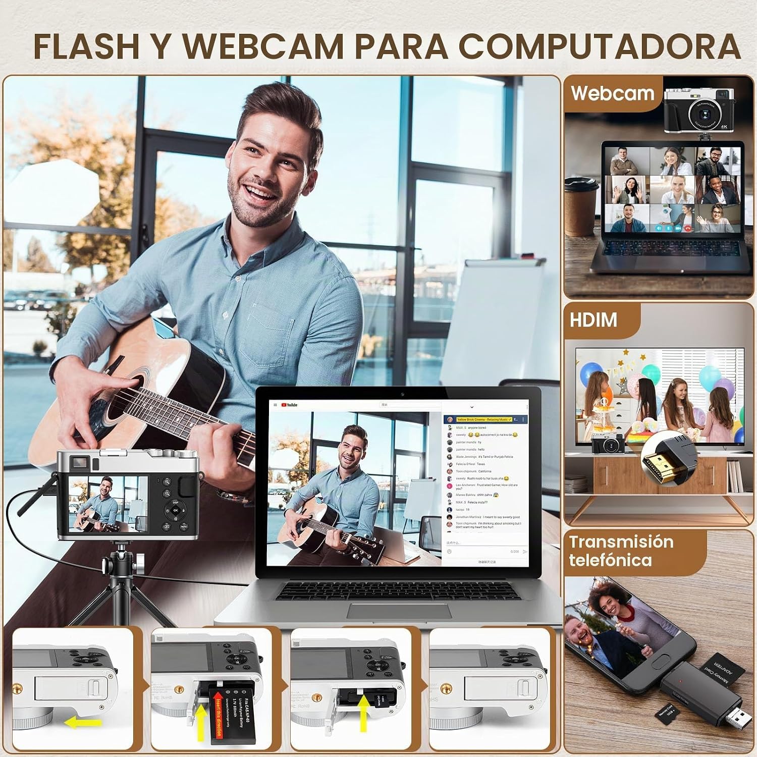 CÁMARA DIGITAL 4K CON TARJETA SD, CÁMARA DE APUNTAR Y DISPARAR DE 48 MP CON VISOR DE FLASH Y DIAL, CÁMARA DE VLOGGING - 7