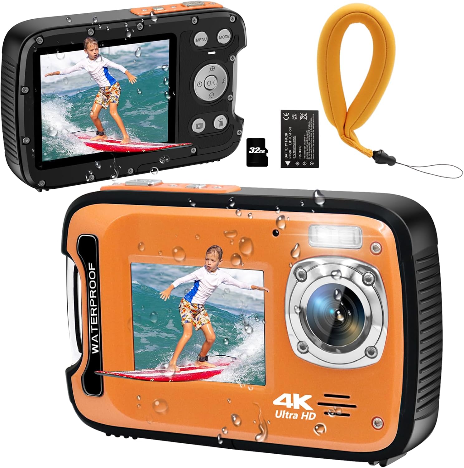 CÁMARA SUBMARINA 4K DE 48 MEGAPÍXELES CON ENFOQUE AUTOMÁTICO, SELFIE DE DOBLE PANTALLA, RESISTENTE AL AGUA CON CORREA - 1