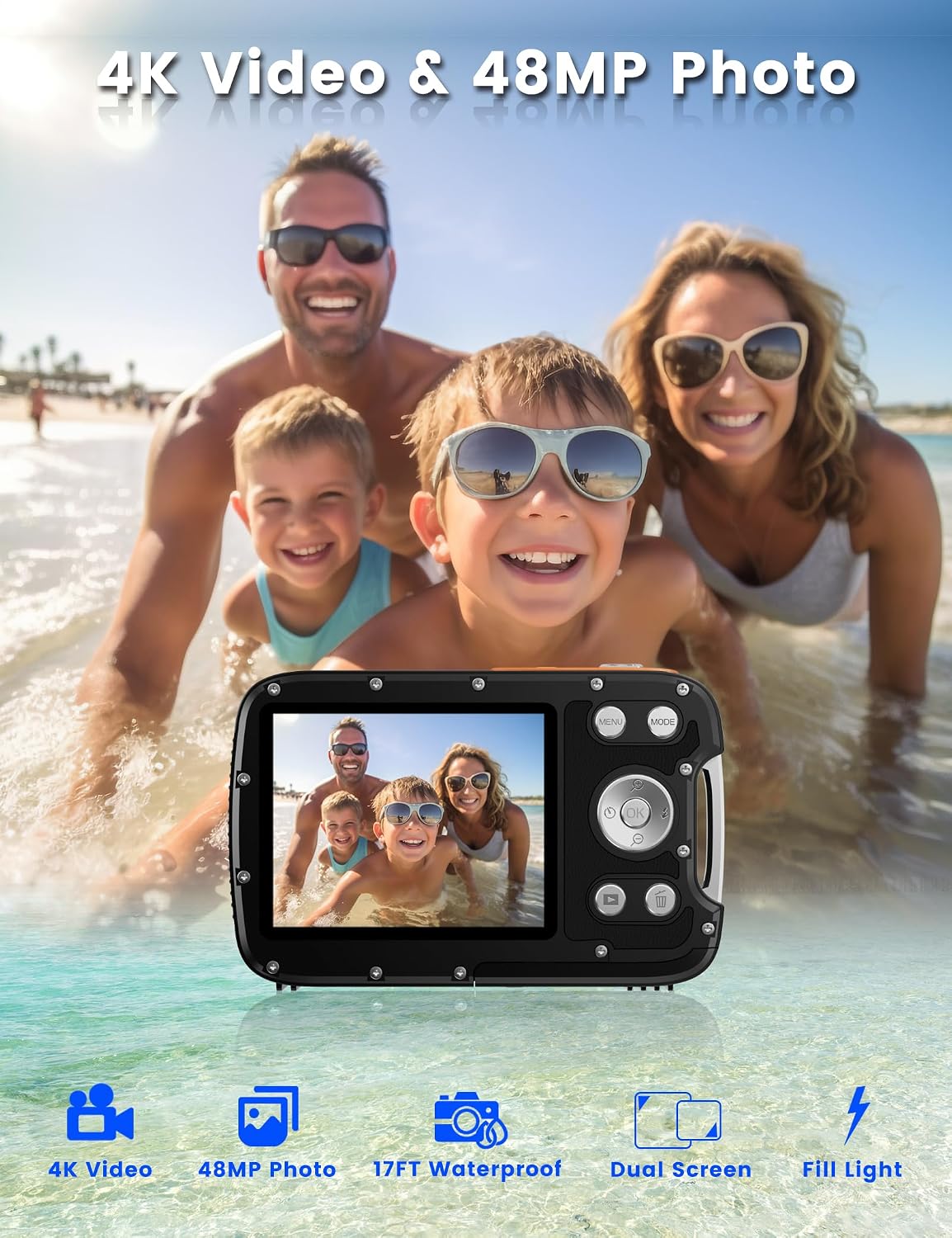 CÁMARA SUBMARINA 4K DE 48 MEGAPÍXELES CON ENFOQUE AUTOMÁTICO, SELFIE DE DOBLE PANTALLA, RESISTENTE AL AGUA CON CORREA - 2
