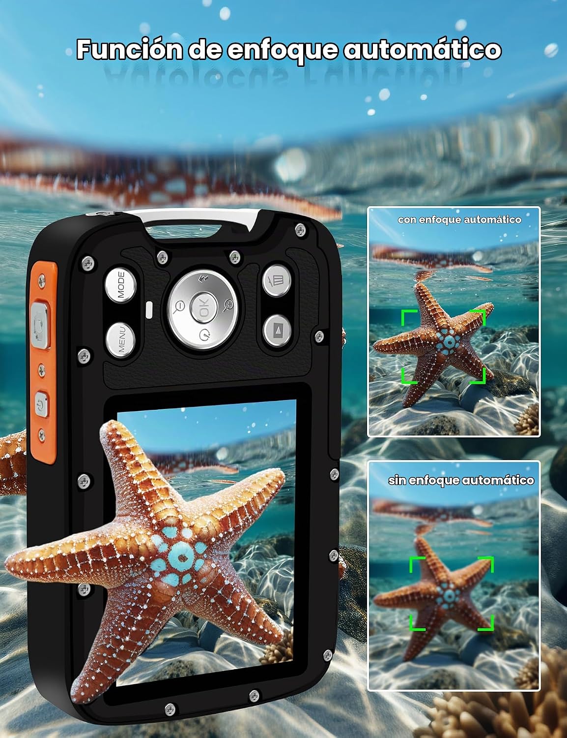 CÁMARA SUBMARINA 4K DE 48 MEGAPÍXELES CON ENFOQUE AUTOMÁTICO, SELFIE DE DOBLE PANTALLA, RESISTENTE AL AGUA CON CORREA - 3