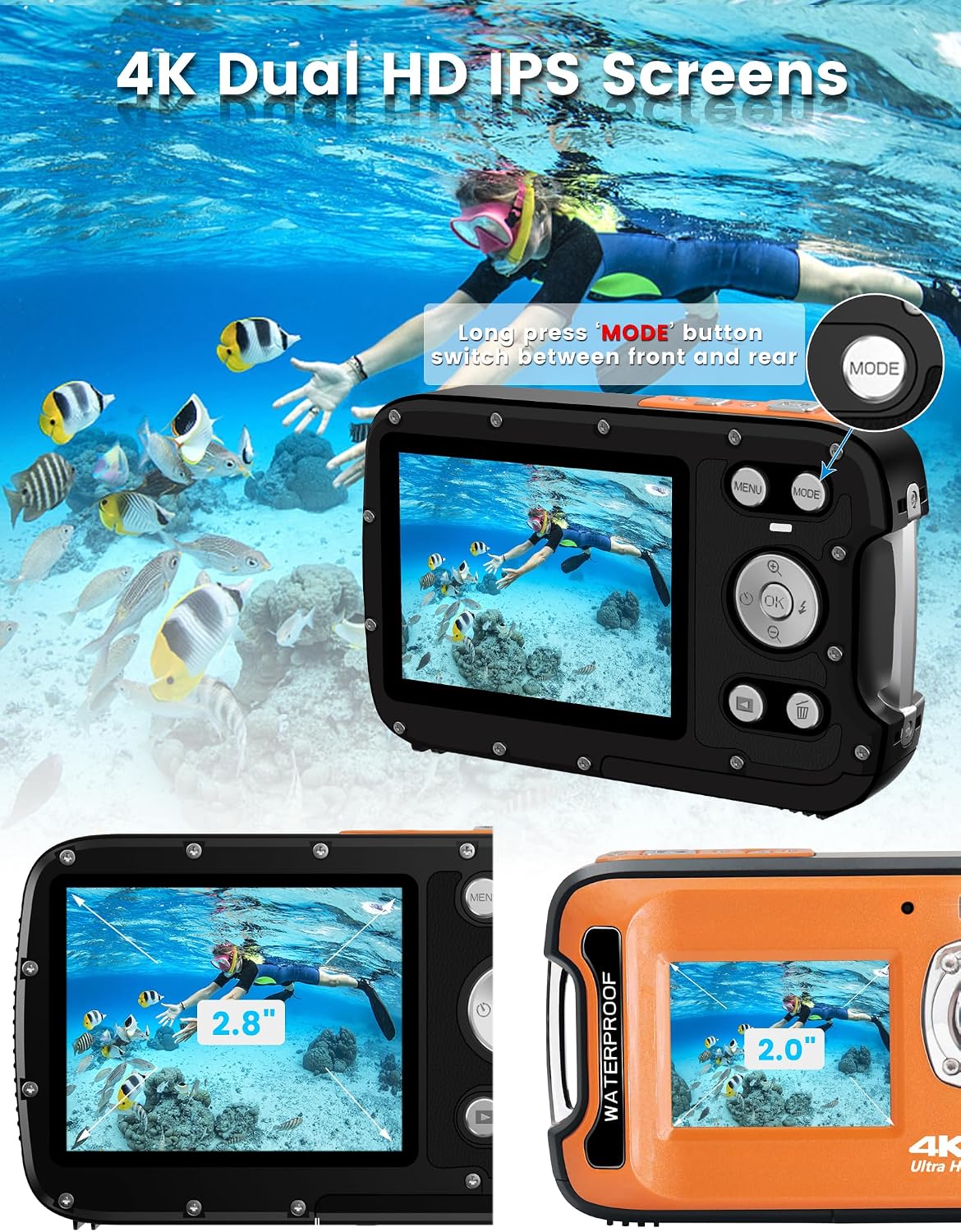 CÁMARA SUBMARINA 4K DE 48 MEGAPÍXELES CON ENFOQUE AUTOMÁTICO, SELFIE DE DOBLE PANTALLA, RESISTENTE AL AGUA CON CORREA - 4