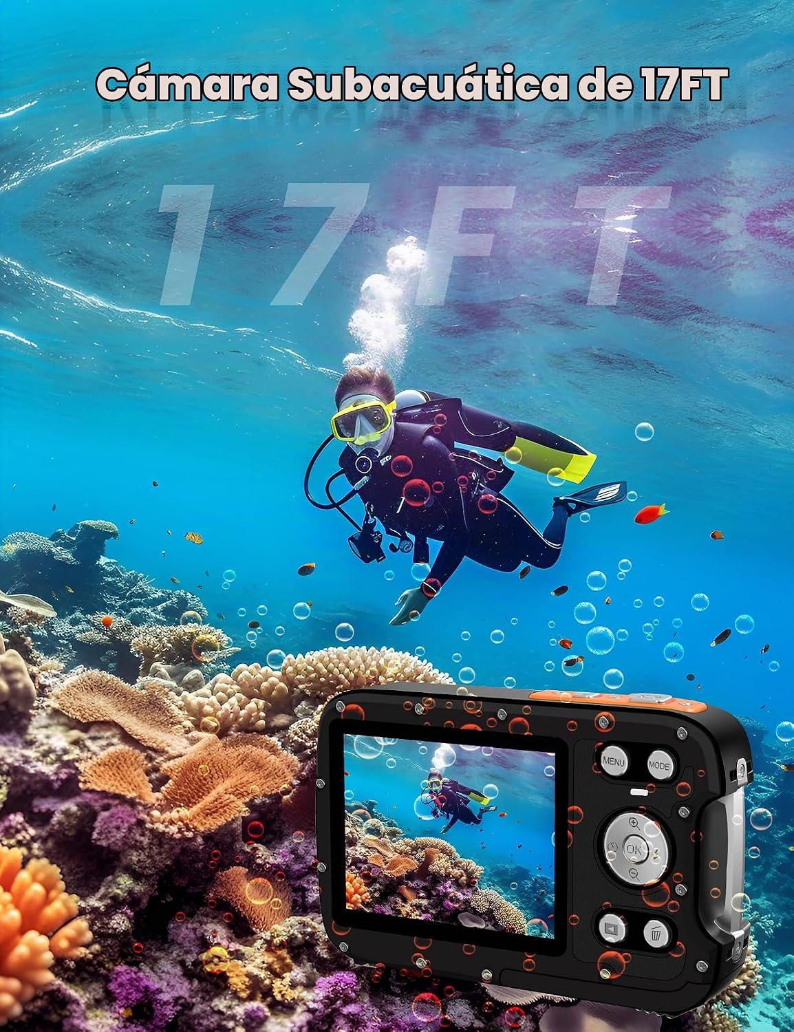CÁMARA SUBMARINA 4K DE 48 MEGAPÍXELES CON ENFOQUE AUTOMÁTICO, SELFIE DE DOBLE PANTALLA, RESISTENTE AL AGUA CON CORREA - 5