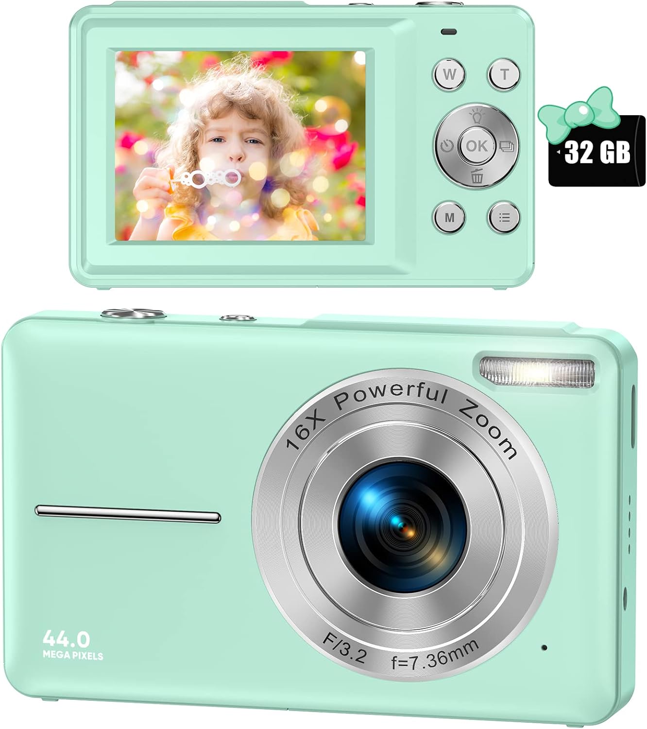 CÁMARA DIGITAL FHD 1080P PARA NIÑOS, TARJETA SD DE 32 GB, ZOOM 16X, PUNTO Y DISPARO COMPACTO, PORTÁTIL VERDE - 1