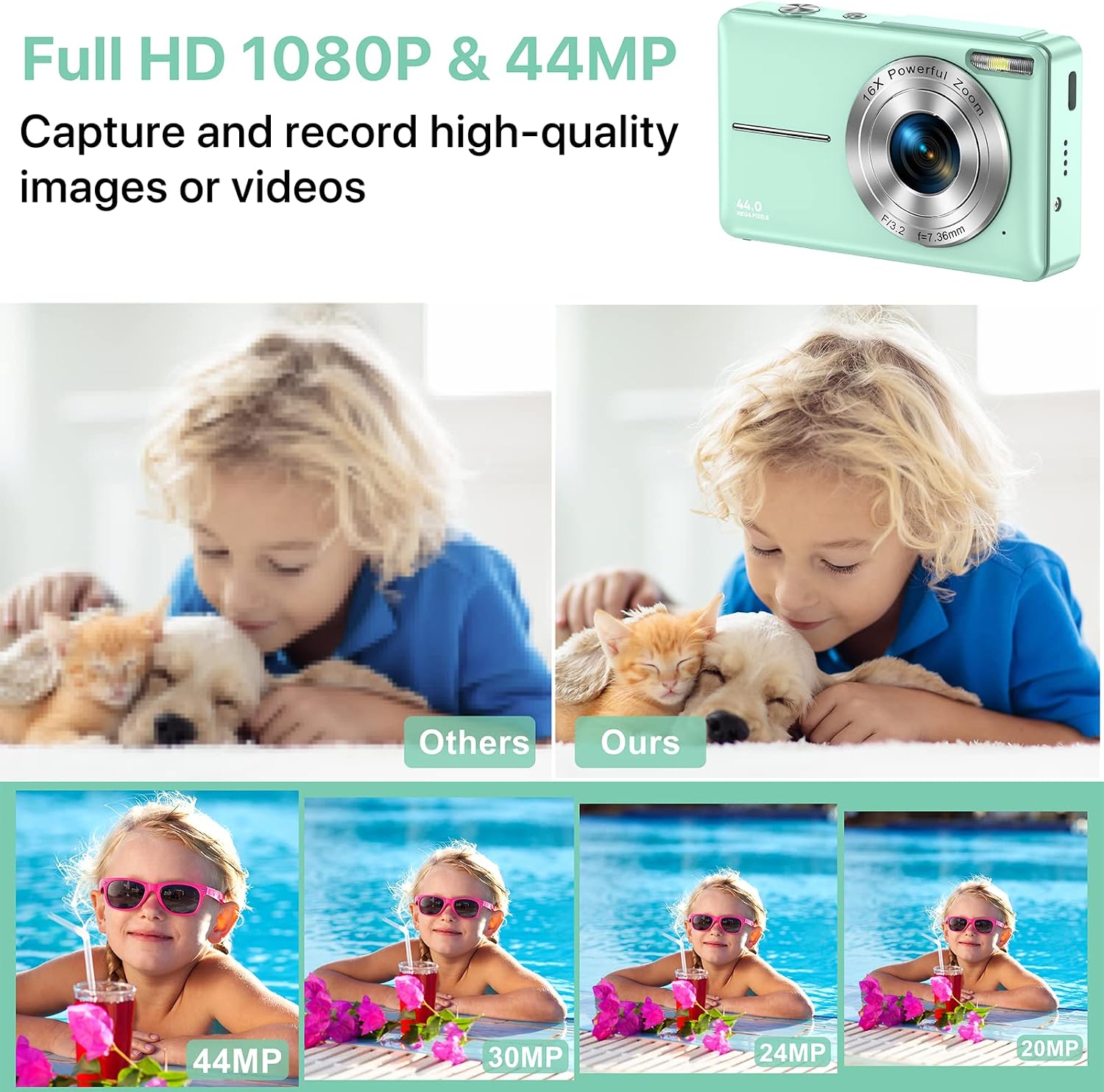 CÁMARA DIGITAL FHD 1080P PARA NIÑOS, TARJETA SD DE 32 GB, ZOOM 16X, PUNTO Y DISPARO COMPACTO, PORTÁTIL VERDE - 2
