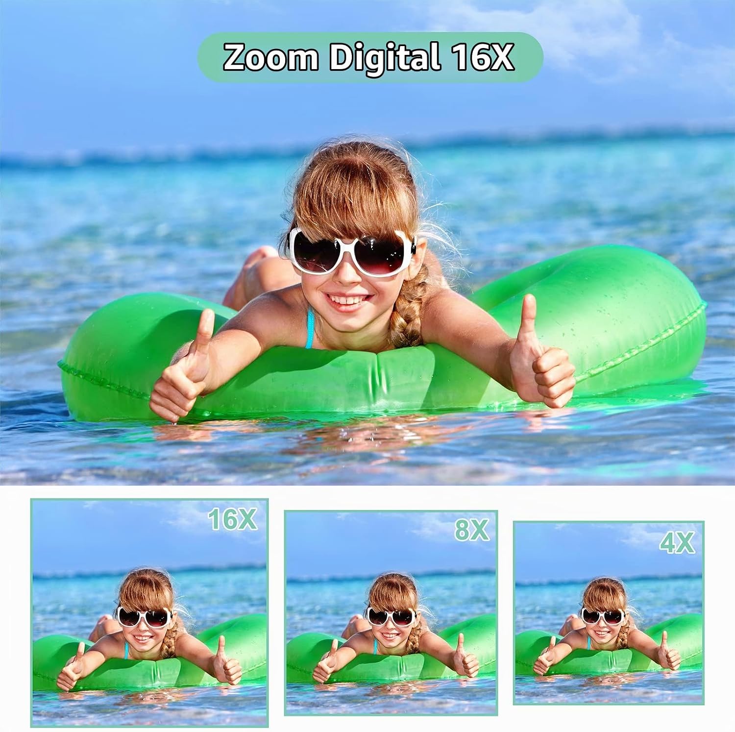 CÁMARA DIGITAL FHD 1080P PARA NIÑOS, TARJETA SD DE 32 GB, ZOOM 16X, PUNTO Y DISPARO COMPACTO, PORTÁTIL VERDE - 3