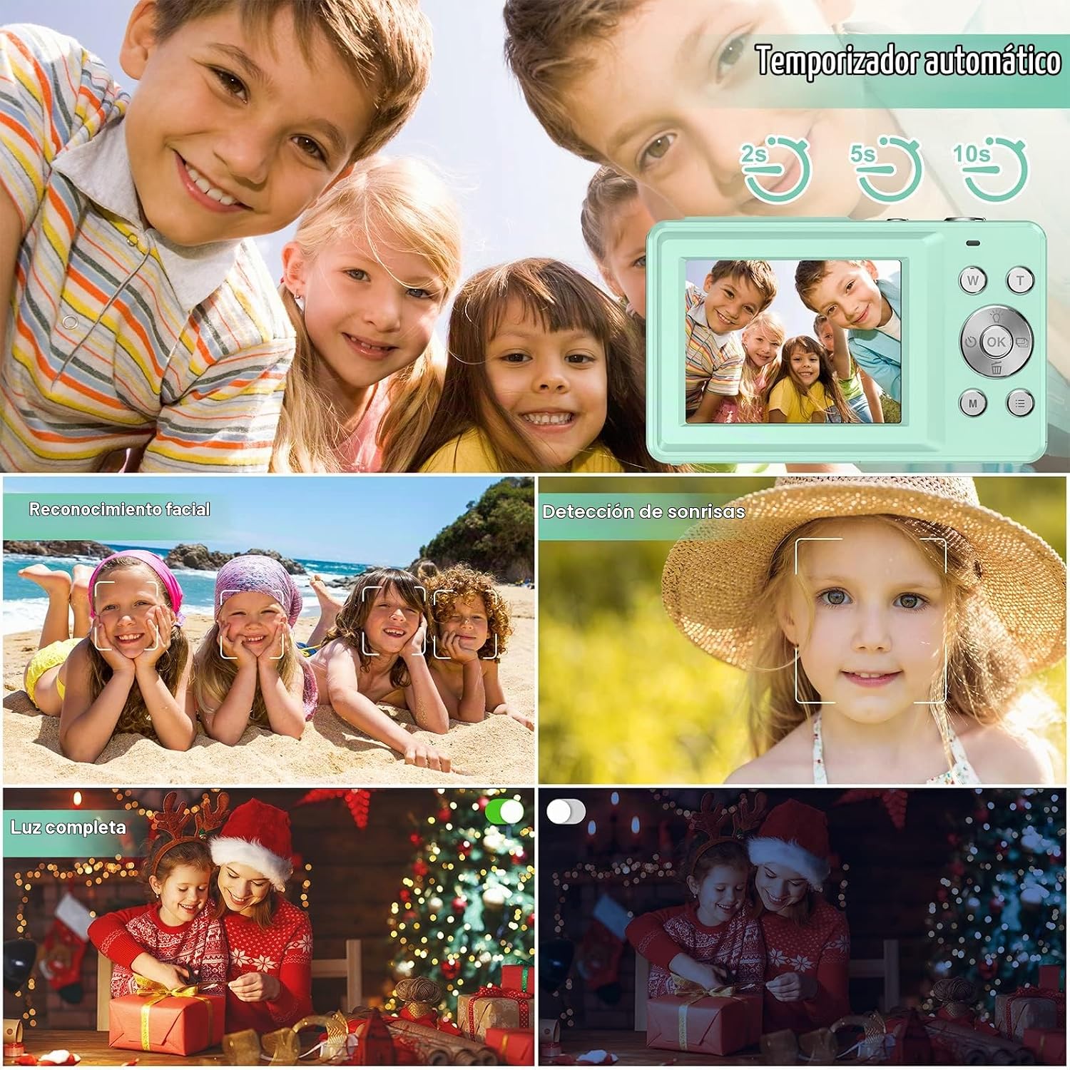 CÁMARA DIGITAL FHD 1080P PARA NIÑOS, TARJETA SD DE 32 GB, ZOOM 16X, PUNTO Y DISPARO COMPACTO, PORTÁTIL VERDE - 5