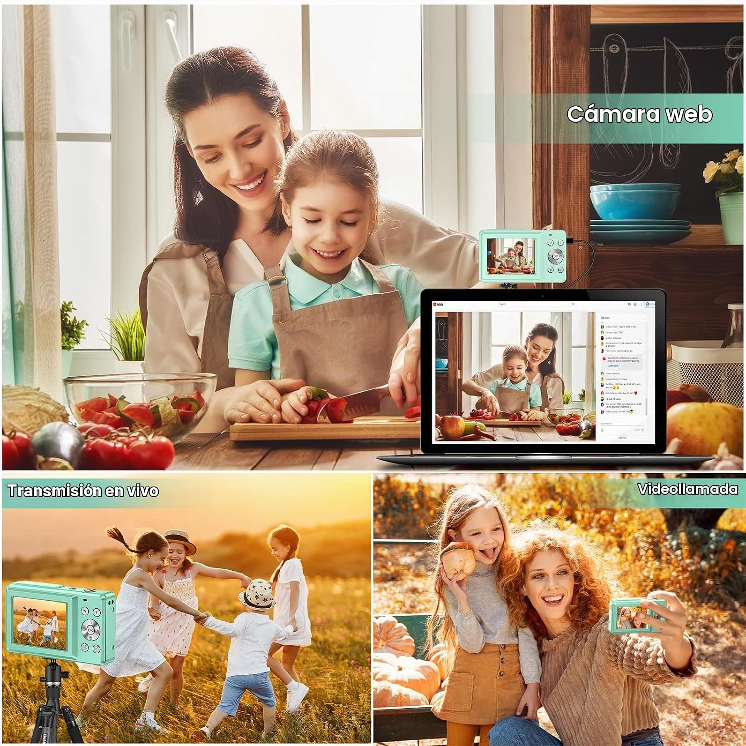 CÁMARA DIGITAL FHD 1080P PARA NIÑOS, TARJETA SD DE 32 GB, ZOOM 16X, PUNTO Y DISPARO COMPACTO, PORTÁTIL VERDE - 6