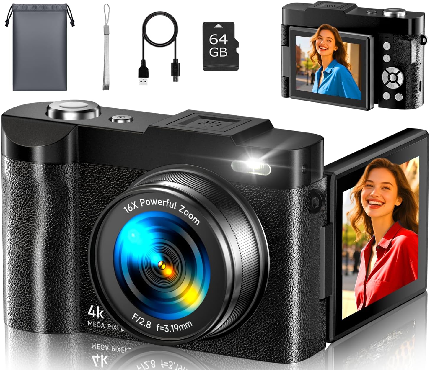 4K DIGITAL CAMERA FOR PHOTOGRAPHY, 50MP AUTOFOCUS POINT AND SHOOT DIGITAL CAMERAS FOR YOUTUBE, 16X ZOOM WITH 2.8 180 FLIP - 1
