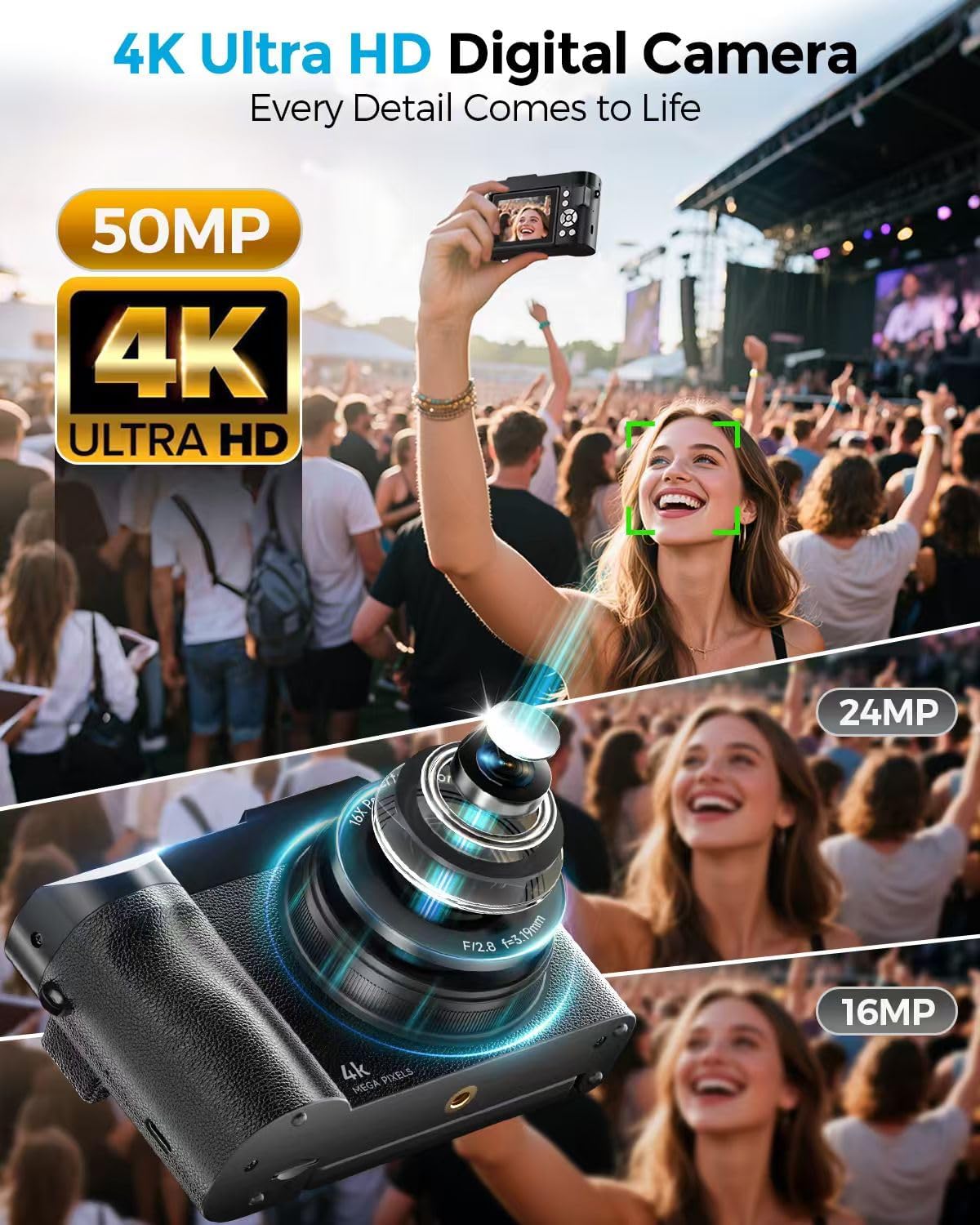 4K DIGITAL CAMERA FOR PHOTOGRAPHY, 50MP AUTOFOCUS POINT AND SHOOT DIGITAL CAMERAS FOR YOUTUBE, 16X ZOOM WITH 2.8 180 FLIP - 2