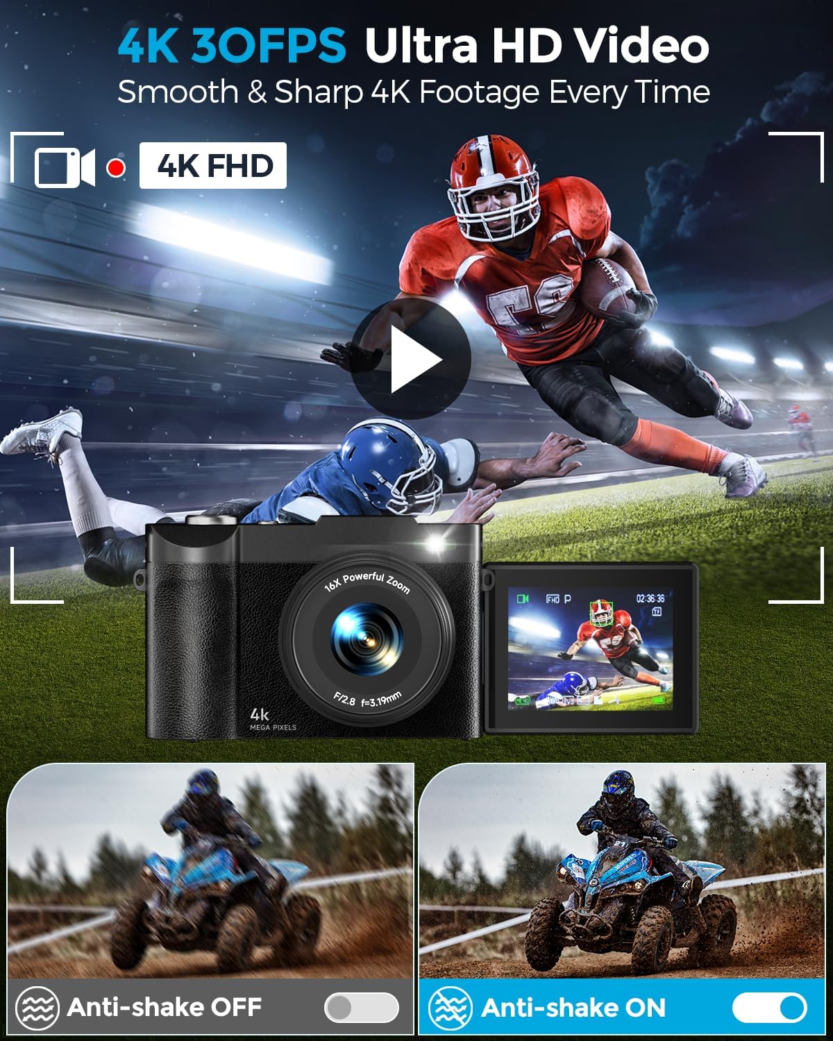 4K DIGITAL CAMERA FOR PHOTOGRAPHY, 50MP AUTOFOCUS POINT AND SHOOT DIGITAL CAMERAS FOR YOUTUBE, 16X ZOOM WITH 2.8 180 FLIP - 3