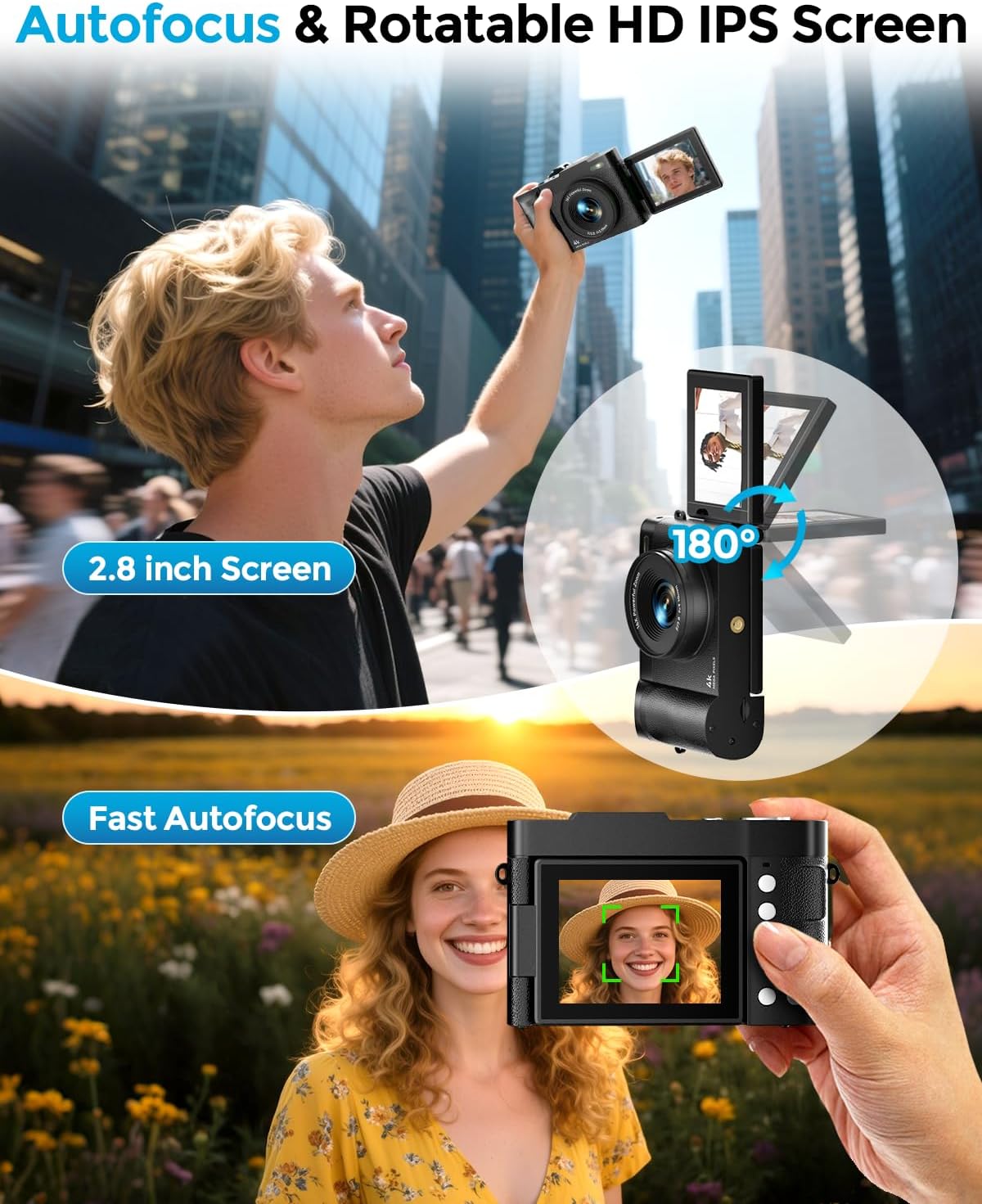 4K DIGITAL CAMERA FOR PHOTOGRAPHY, 50MP AUTOFOCUS POINT AND SHOOT DIGITAL CAMERAS FOR YOUTUBE, 16X ZOOM WITH 2.8 180 FLIP - 5