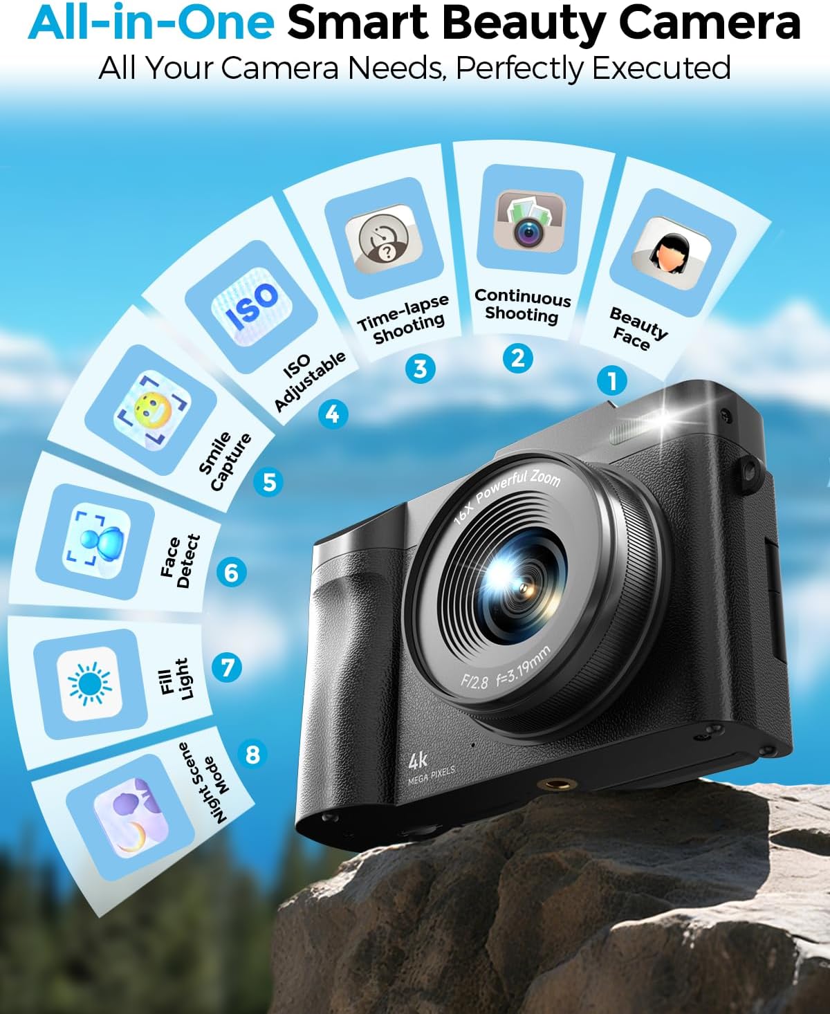 4K DIGITAL CAMERA FOR PHOTOGRAPHY, 50MP AUTOFOCUS POINT AND SHOOT DIGITAL CAMERAS FOR YOUTUBE, 16X ZOOM WITH 2.8 180 FLIP - 6