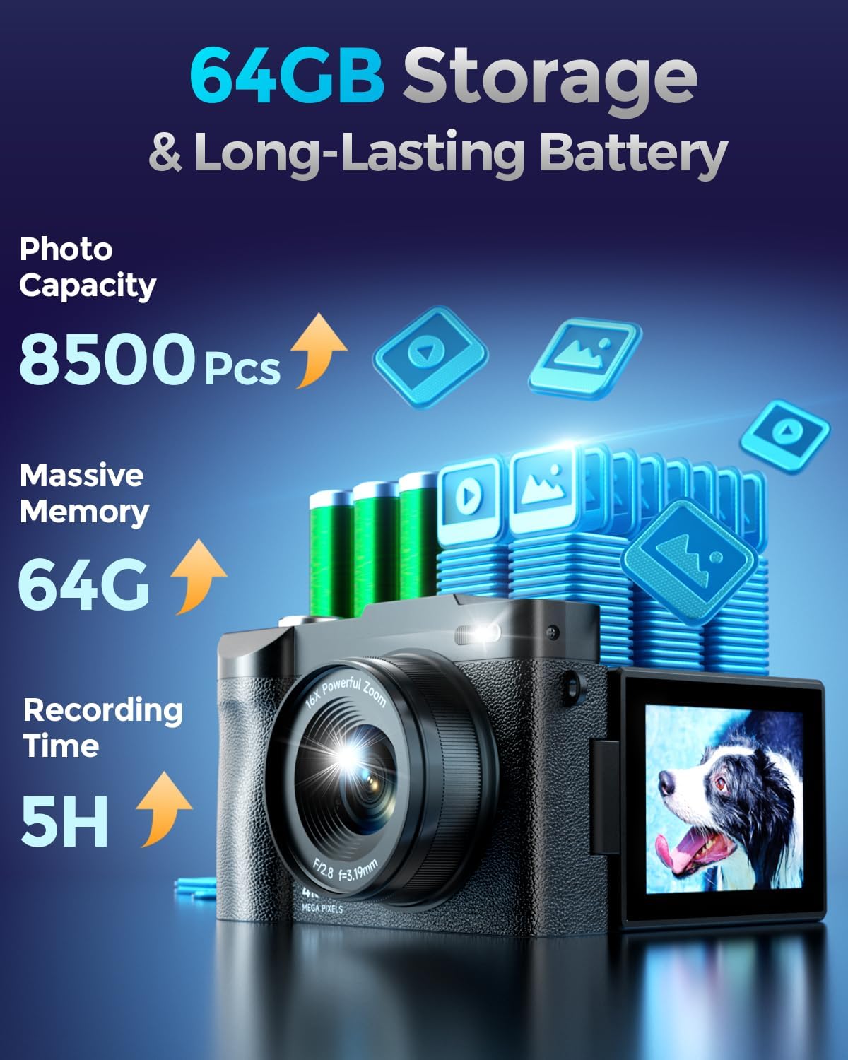 4K DIGITAL CAMERA FOR PHOTOGRAPHY, 50MP AUTOFOCUS POINT AND SHOOT DIGITAL CAMERAS FOR YOUTUBE, 16X ZOOM WITH 2.8 180 FLIP - 7