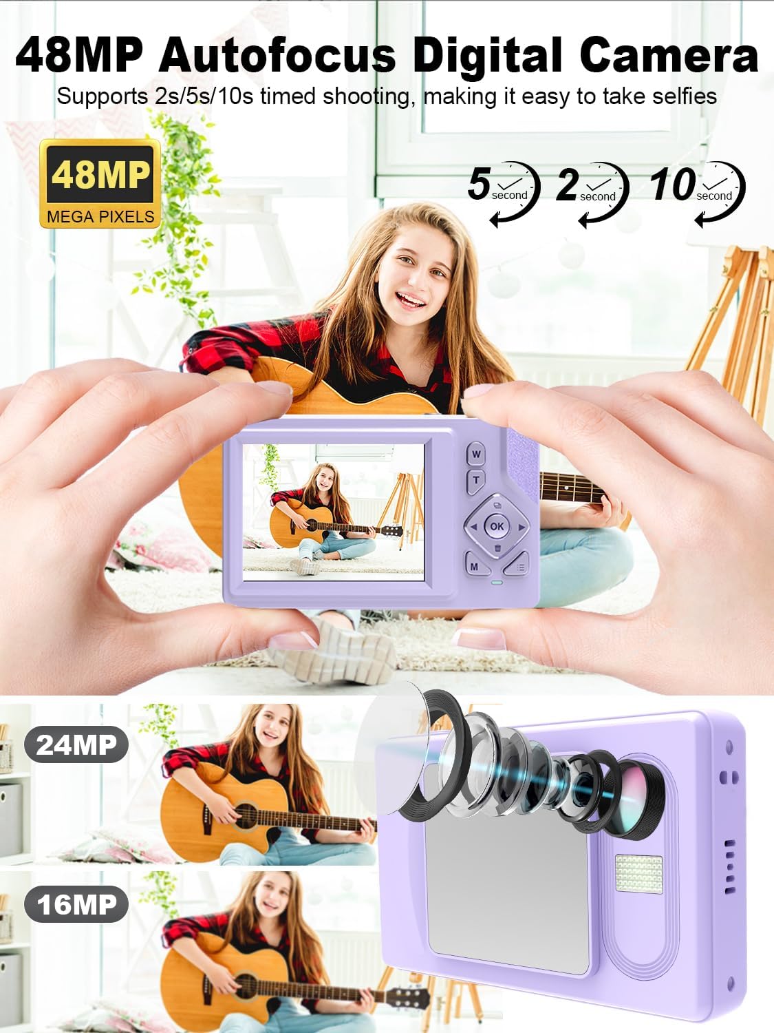 CÁMARA DIGITAL PARA NIÑOS, ADOLESCENTES, PRINCIPIANTES, COMPACTA, APUNTAR Y DISPARAR, COLOR MORADO - 2