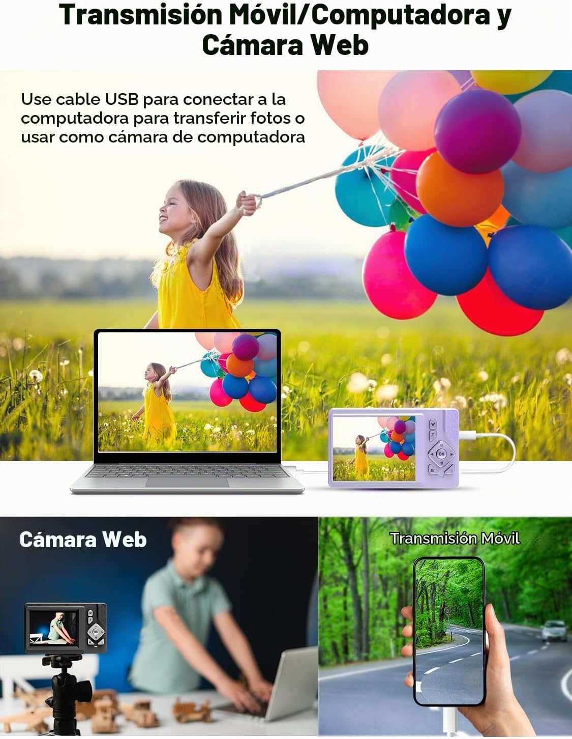 CÁMARA DIGITAL PARA NIÑOS, ADOLESCENTES, PRINCIPIANTES, COMPACTA, APUNTAR Y DISPARAR, COLOR MORADO - 3
