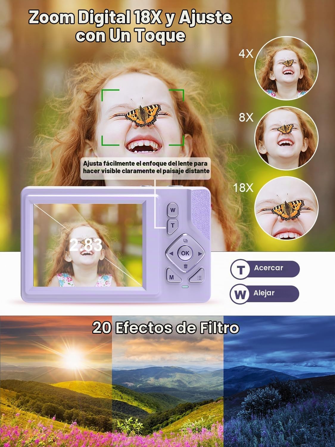 CÁMARA DIGITAL PARA NIÑOS, ADOLESCENTES, PRINCIPIANTES, COMPACTA, APUNTAR Y DISPARAR, COLOR MORADO - 6