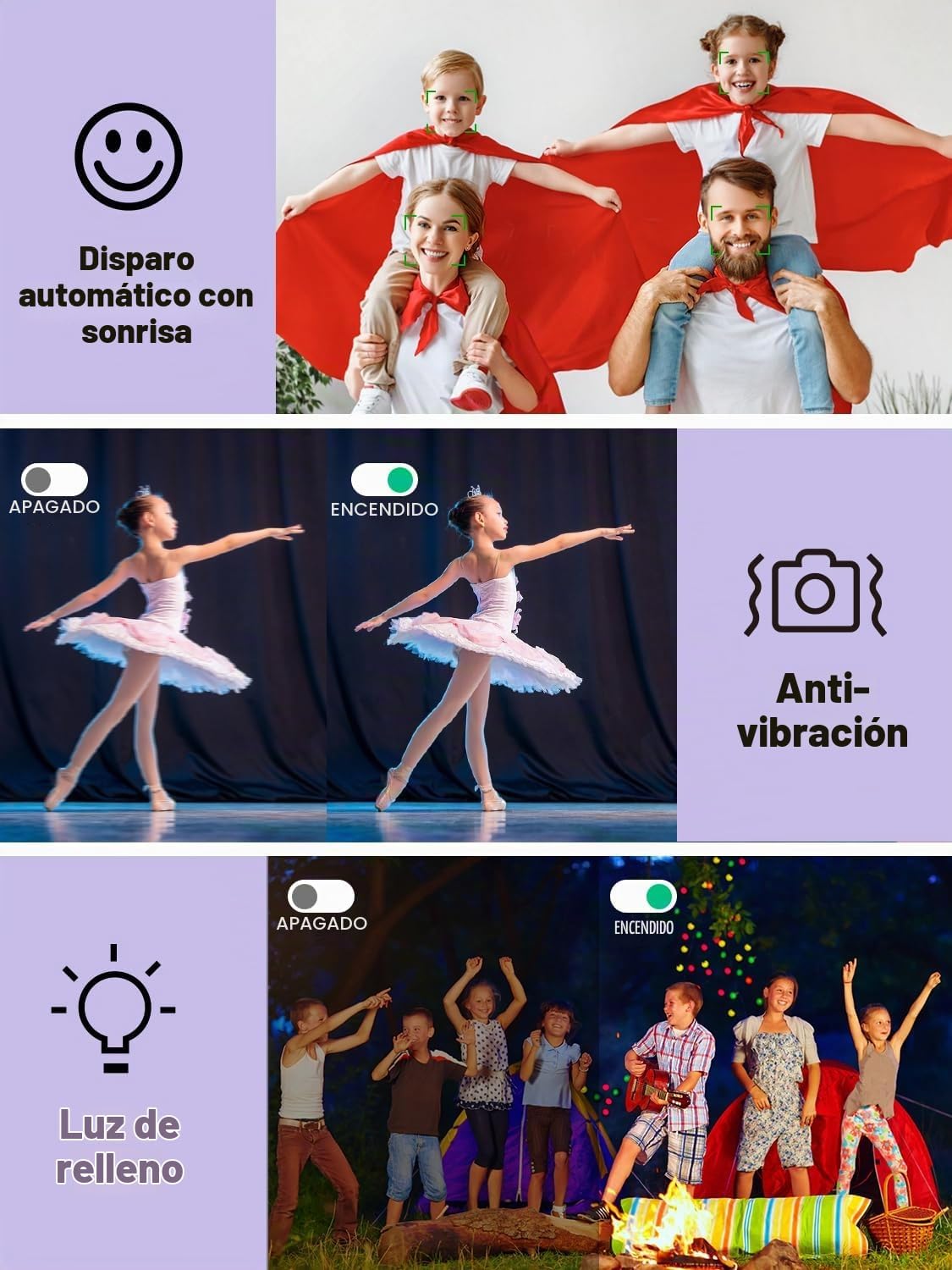 CÁMARA DIGITAL PARA NIÑOS, ADOLESCENTES, PRINCIPIANTES, COMPACTA, APUNTAR Y DISPARAR, COLOR MORADO - 7