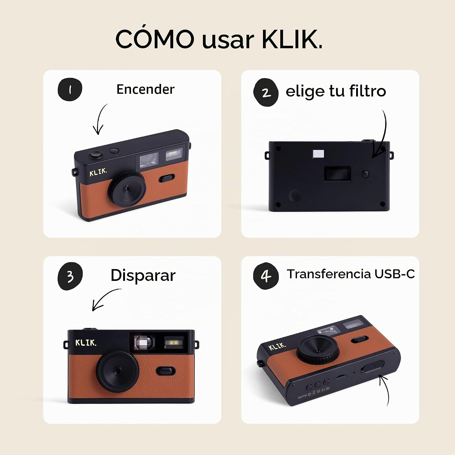 KLIK CÁMARA DIGITAL SIN PANTALLA MANTENTE PRESENTE Y CAPTURA FOTOS VINTAGE DE ESTILO RETRO 8MP, 3 FILTROS ESTILO PELÍCULA, - 5