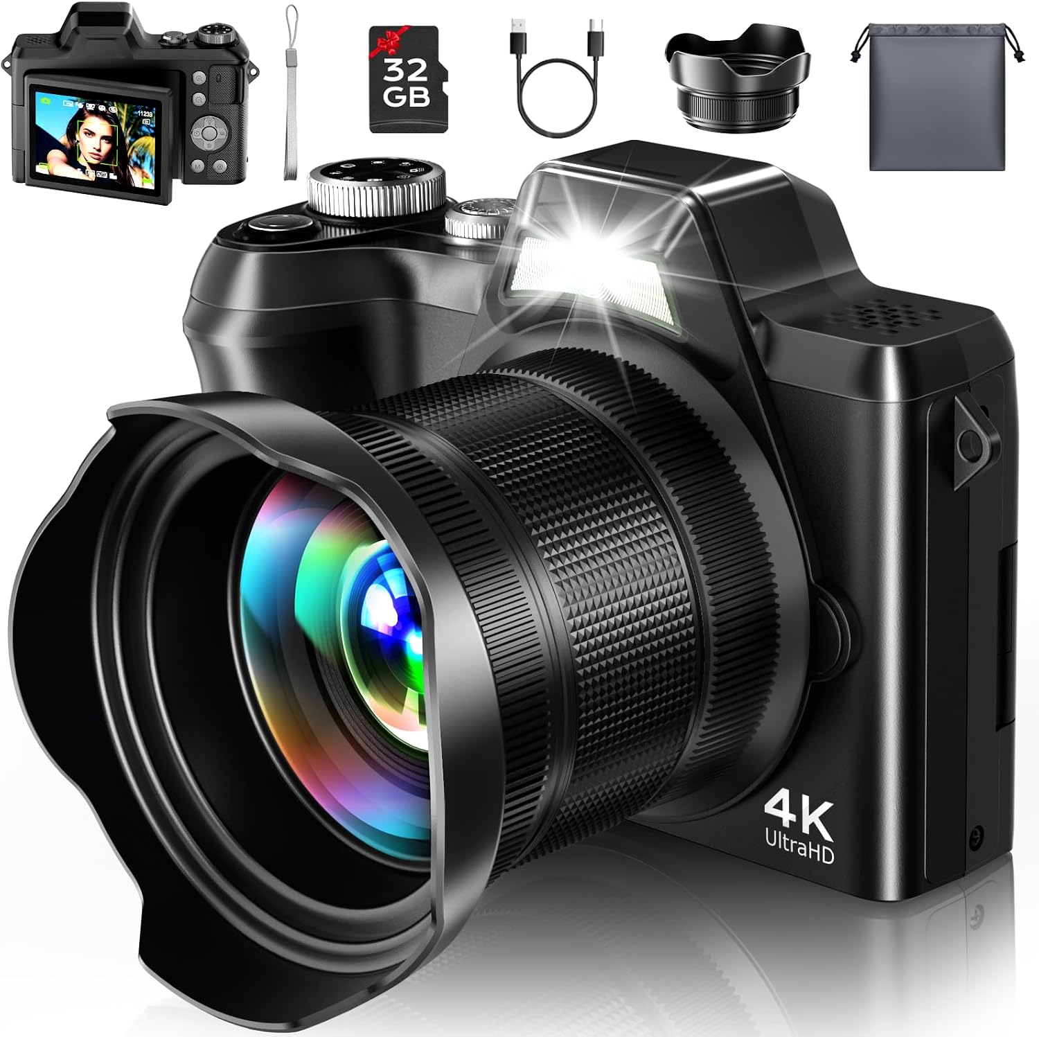 CÁMARA DIGITAL 4K PARA VIAJES FOTOGRÁFICOS, CÁMARA DE VLOGGING DE ENFOQUE AUTOMÁTICO DE 56 MP PARA YOUTUBE, ZOOM DE 16X - 1
