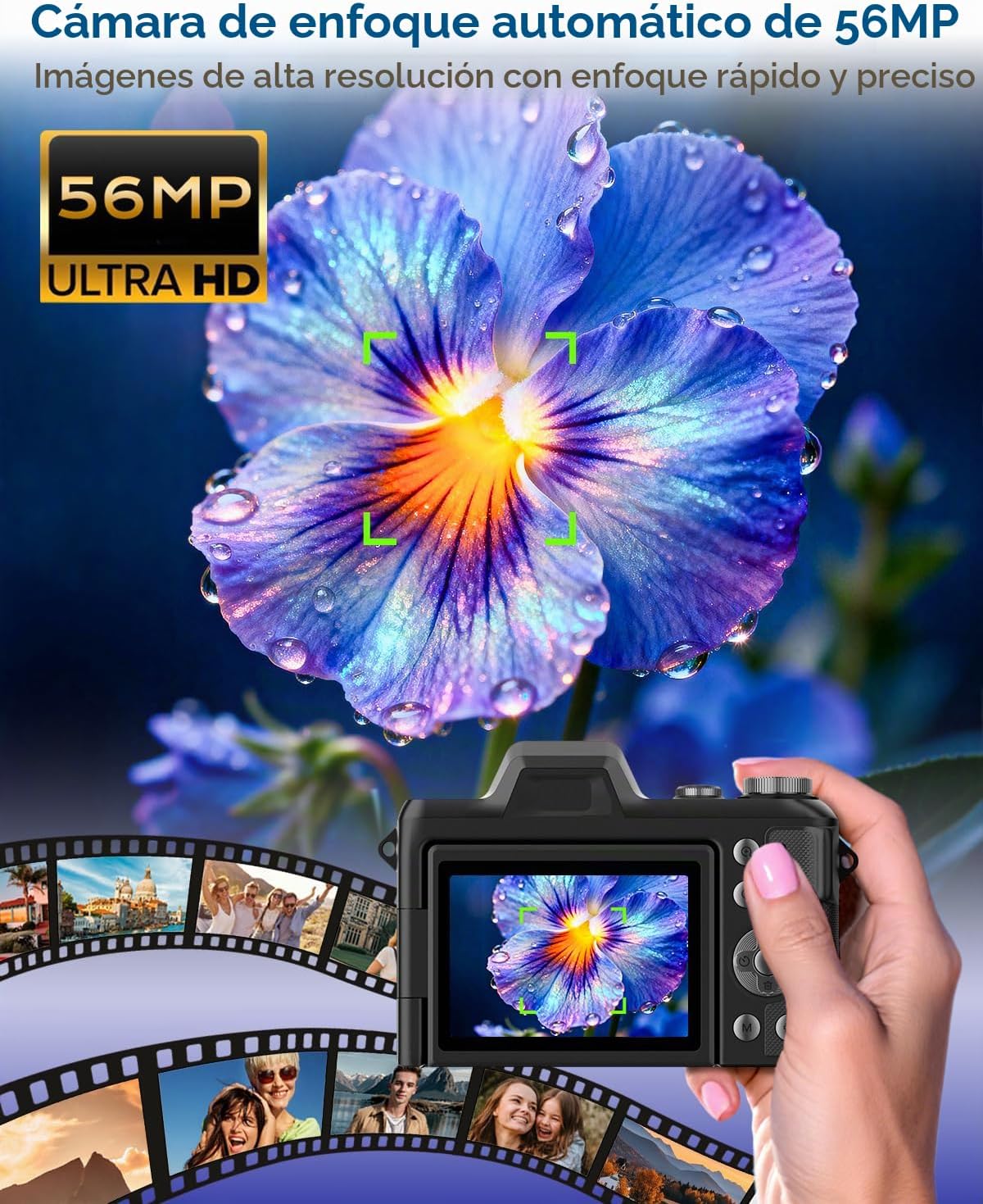 CÁMARA DIGITAL 4K PARA VIAJES FOTOGRÁFICOS, CÁMARA DE VLOGGING DE ENFOQUE AUTOMÁTICO DE 56 MP PARA YOUTUBE, ZOOM DE 16X - 2