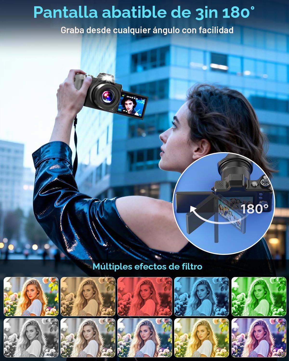 CÁMARA DIGITAL 4K PARA VIAJES FOTOGRÁFICOS, CÁMARA DE VLOGGING DE ENFOQUE AUTOMÁTICO DE 56 MP PARA YOUTUBE, ZOOM DE 16X - 6