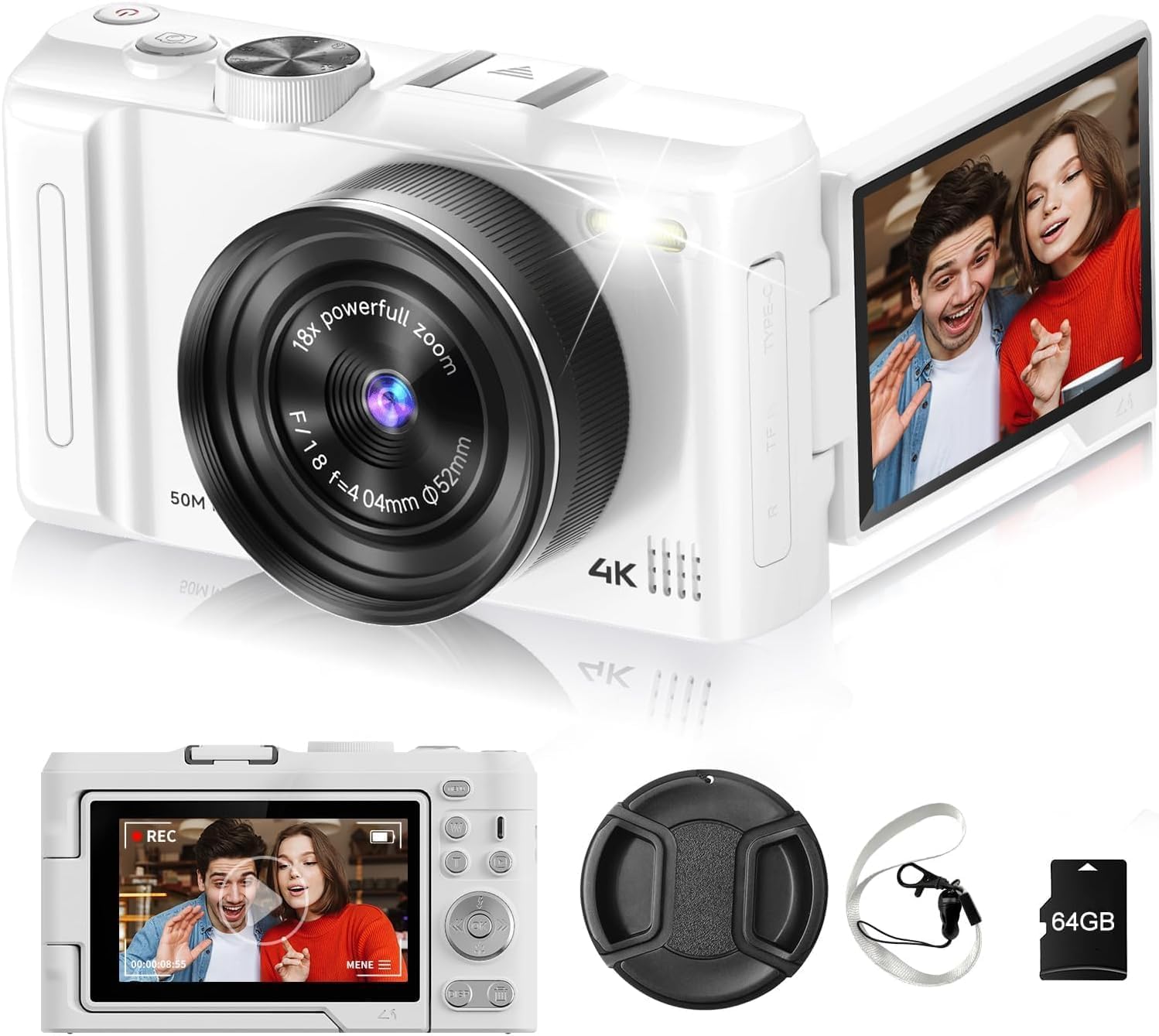 CÁMARA DIGITAL 4K PARA FOTOGRAFÍA, CÁMARA DE VLOGGING DE 50 MP PARA VIDEO DE YOUTUBE CON FLASH Y PANTALLA ABATIBLE DE 180 - 1