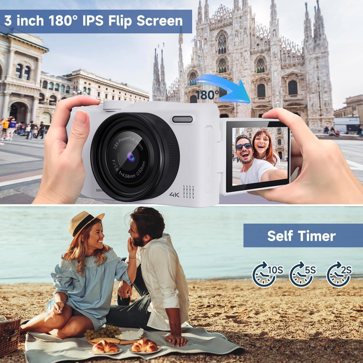 CÁMARA DIGITAL 4K PARA FOTOGRAFÍA, CÁMARA DE VLOGGING DE 50 MP PARA VIDEO DE YOUTUBE CON FLASH Y PANTALLA ABATIBLE DE 180 - 3