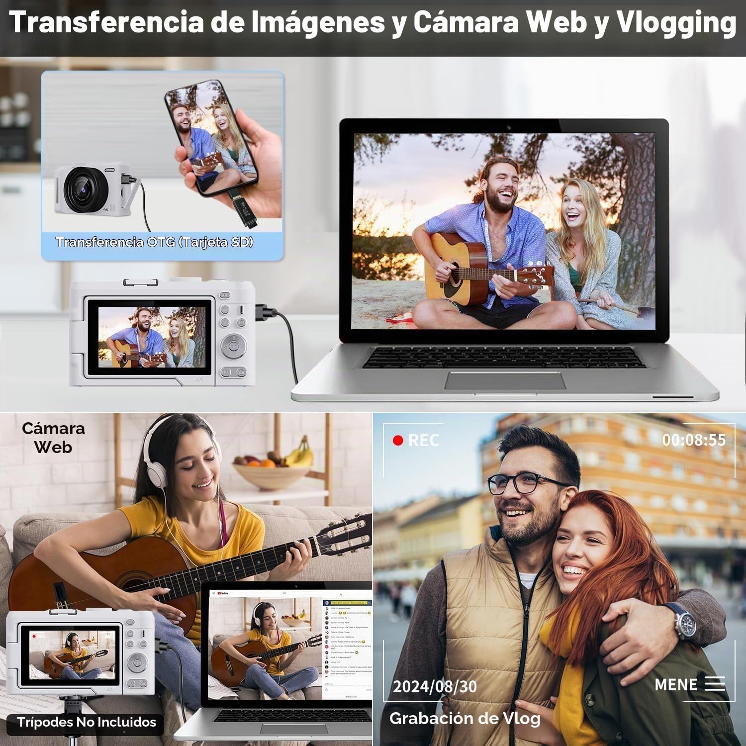 CÁMARA DIGITAL 4K PARA FOTOGRAFÍA, CÁMARA DE VLOGGING DE 50 MP PARA VIDEO DE YOUTUBE CON FLASH Y PANTALLA ABATIBLE DE 180 - 5
