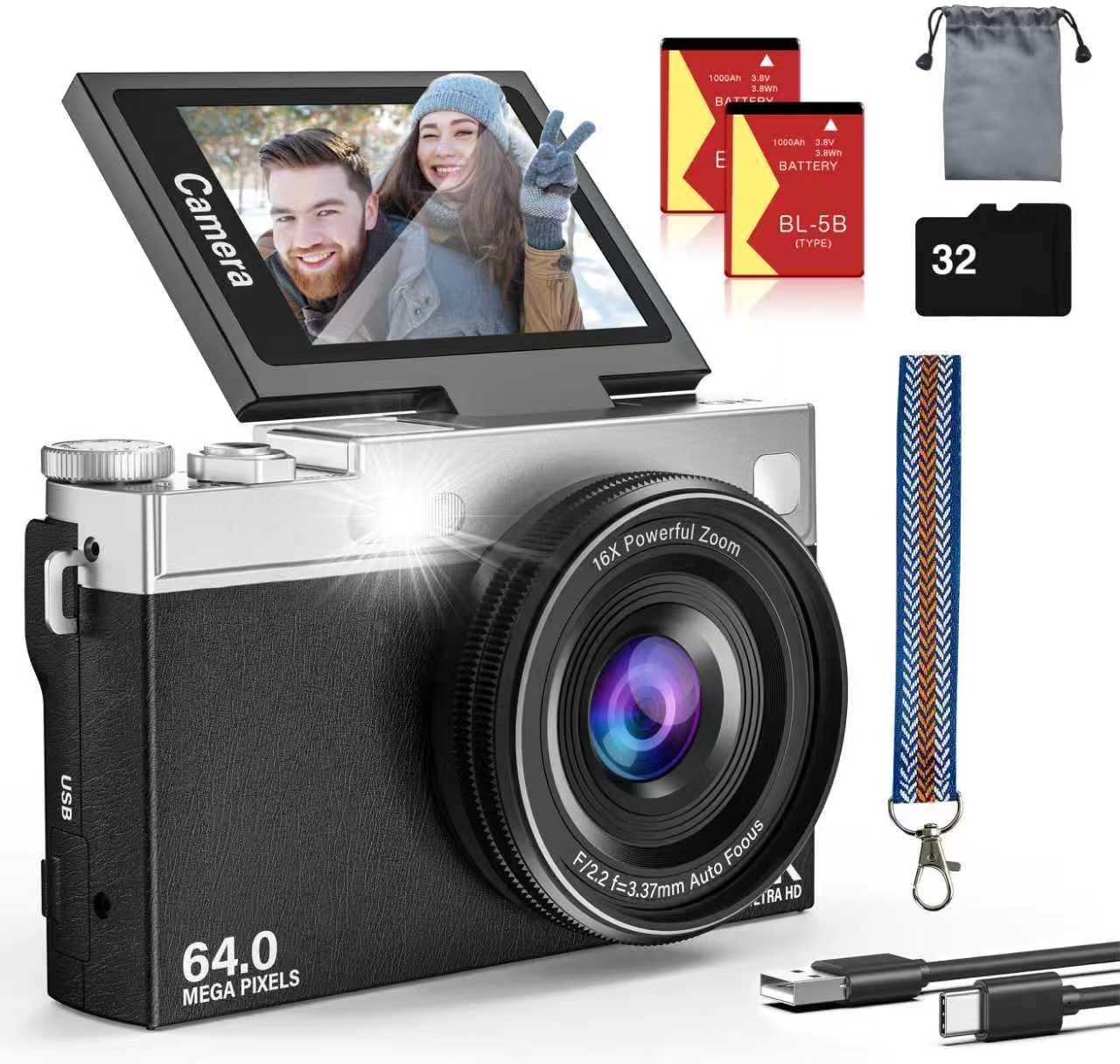 NUEVA CÁMARA DIGITAL 4K PARA FOTOGRAFÍA Y VLOGGING, CÁMARAS DE VIAJE CON PANTALLA ABATIBLE DE 180 DE 64MP Y 2.88 PULGADAS - 1