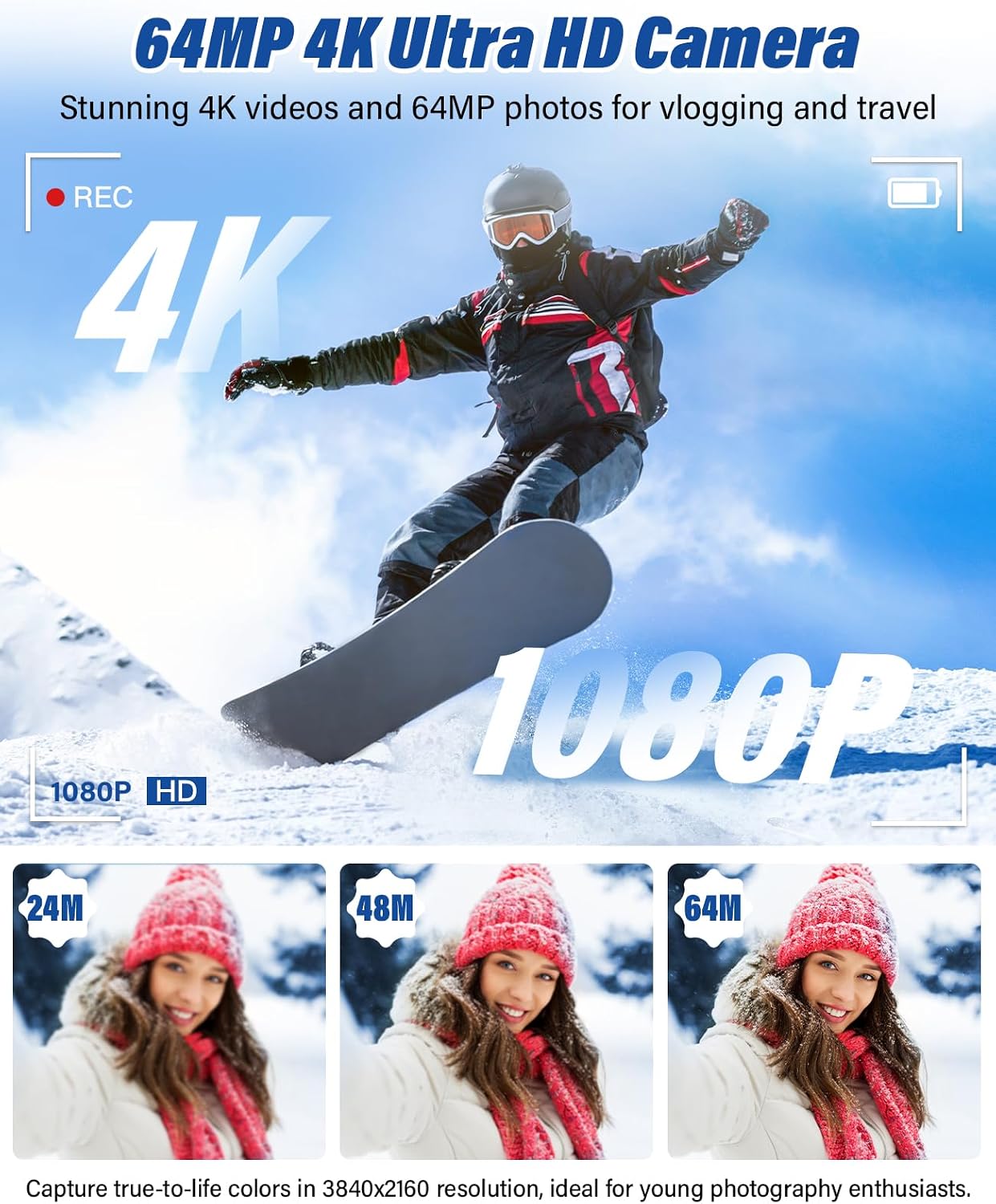 NUEVA CÁMARA DIGITAL 4K PARA FOTOGRAFÍA Y VLOGGING, CÁMARAS DE VIAJE CON PANTALLA ABATIBLE DE 180 DE 64MP Y 2.88 PULGADAS - 2