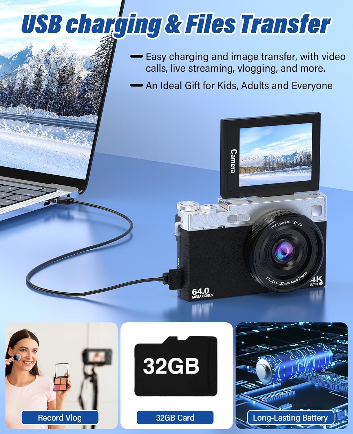 NUEVA CÁMARA DIGITAL 4K PARA FOTOGRAFÍA Y VLOGGING, CÁMARAS DE VIAJE CON PANTALLA ABATIBLE DE 180 DE 64MP Y 2.88 PULGADAS - 4