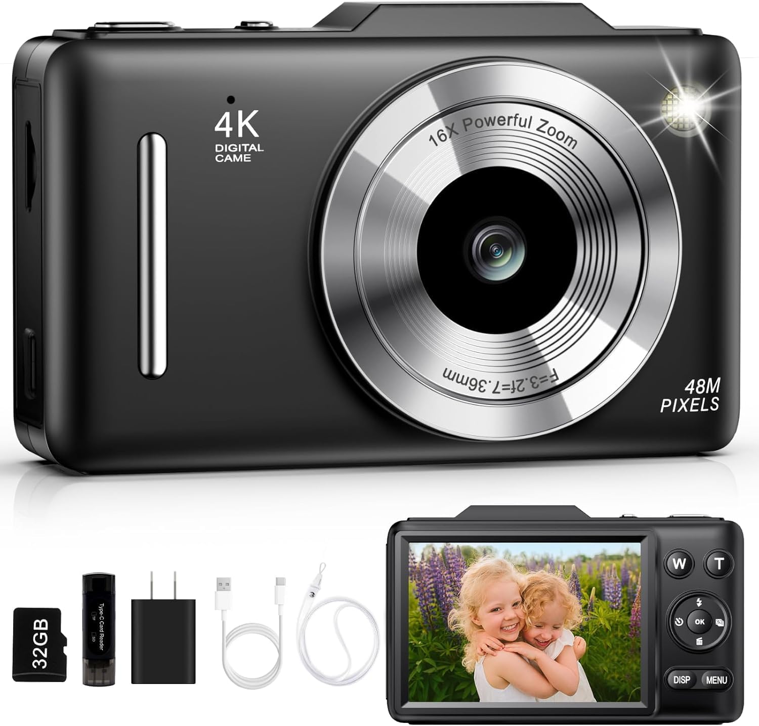 CÁMARA DIGITAL 4K PARA NIÑOS, CÁMARA DE ENFOQUE AUTOMÁTICO DE 48 MP CON TARJETA DE 32 GB, ZOOM 16X, ANTI-VIBRACIÓN, CÁMARA - 1
