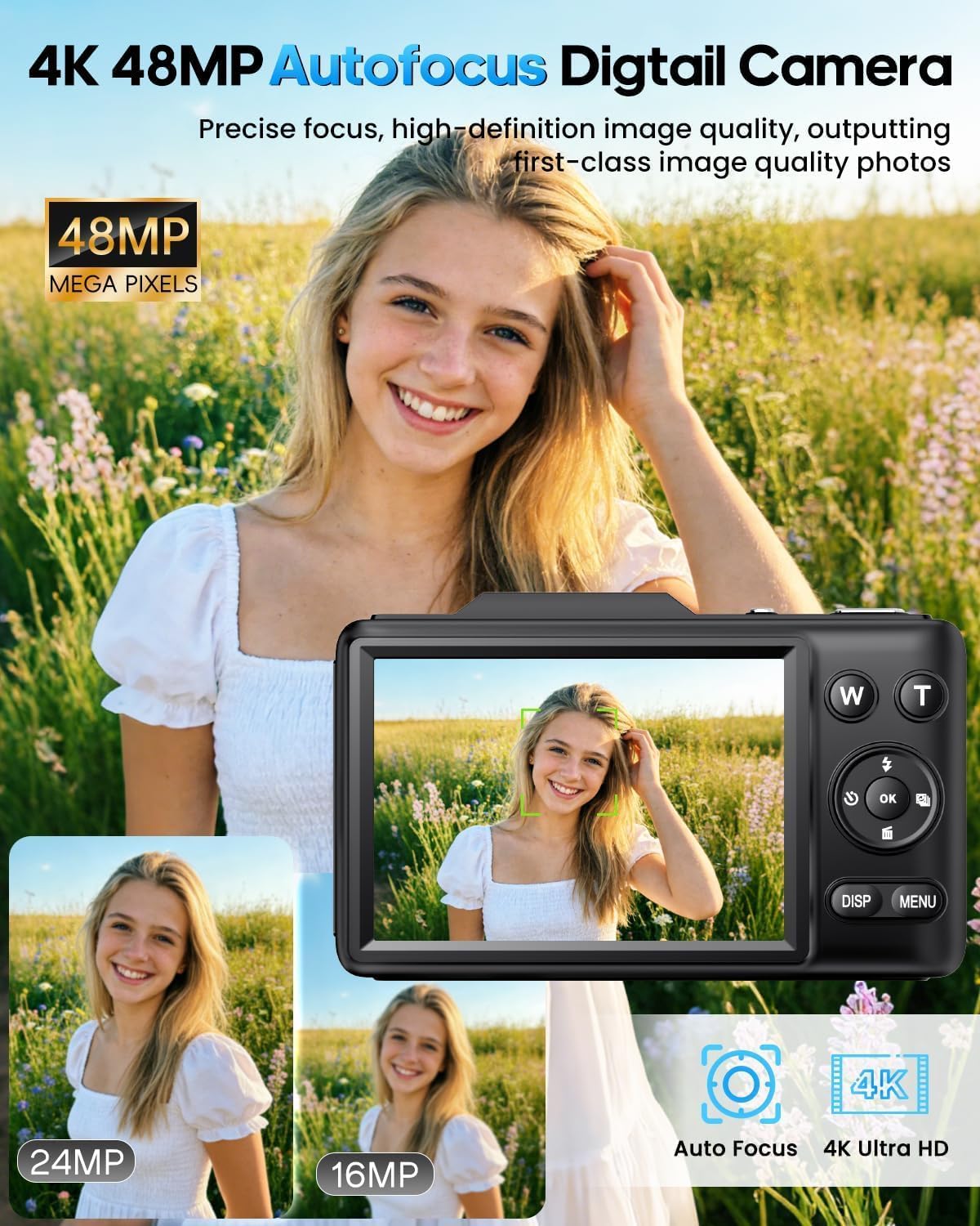 CÁMARA DIGITAL 4K PARA NIÑOS, CÁMARA DE ENFOQUE AUTOMÁTICO DE 48 MP CON TARJETA DE 32 GB, ZOOM 16X, ANTI-VIBRACIÓN, CÁMARA - 3