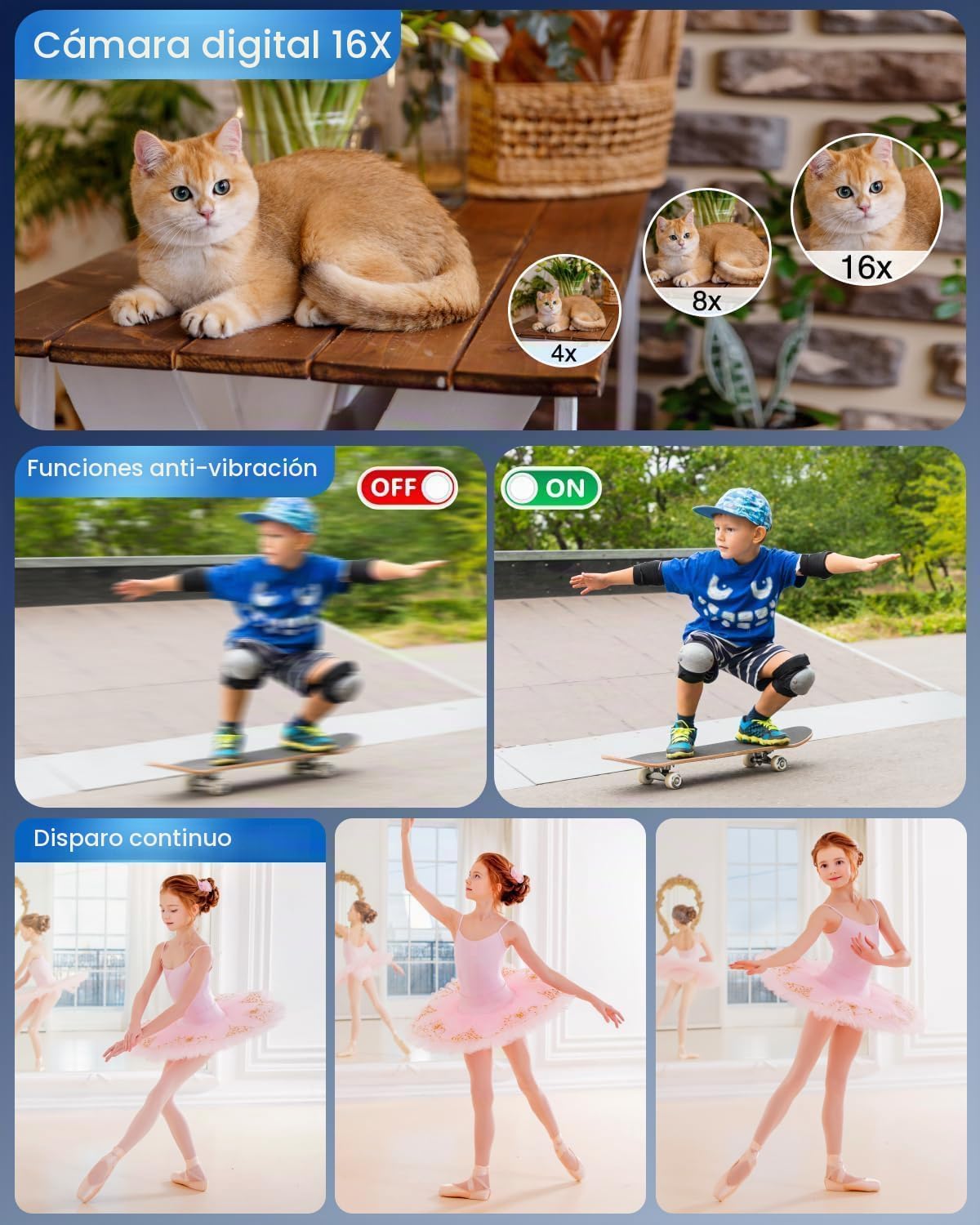 CÁMARA DIGITAL 4K PARA NIÑOS, CÁMARA DE ENFOQUE AUTOMÁTICO DE 48 MP CON TARJETA DE 32 GB, ZOOM 16X, ANTI-VIBRACIÓN, CÁMARA - 5