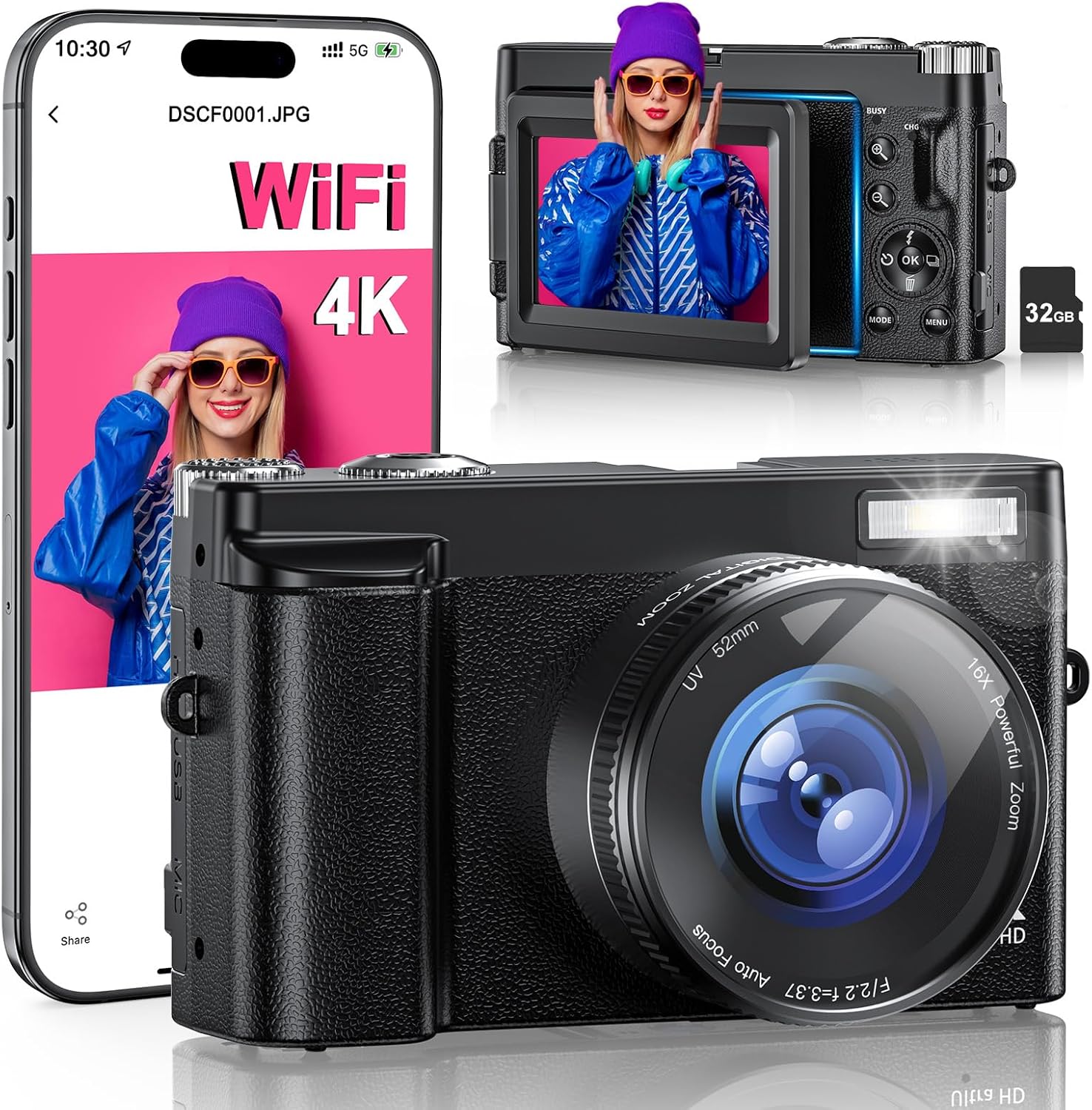 CÁMARA DIGITAL 4K PARA FOTOGRAFÍA, WIFI DE 64 MEGAPÍXELES CON PANTALLA GIRATORIA DE 180 DE 3 CON ENFOQUE AUTOMÁTICO, CÁMARA - 1
