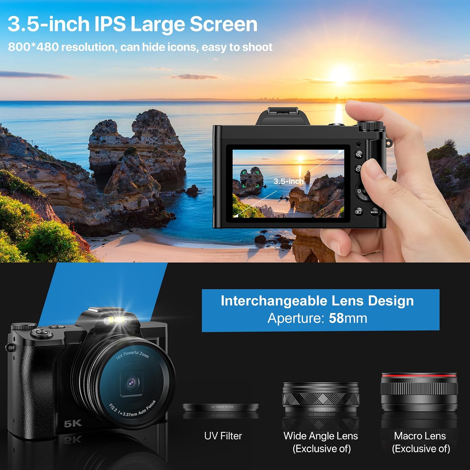 CÁMARA DIGITAL 5K WIFI CON ENFOQUE AUTOMÁTICO PARA VIDEOBLOGS EN YOUTUBE, CÁMARA DE 48MP PARA FOTOGRAFÍA Y VIDEO, CÁMARAS - 6