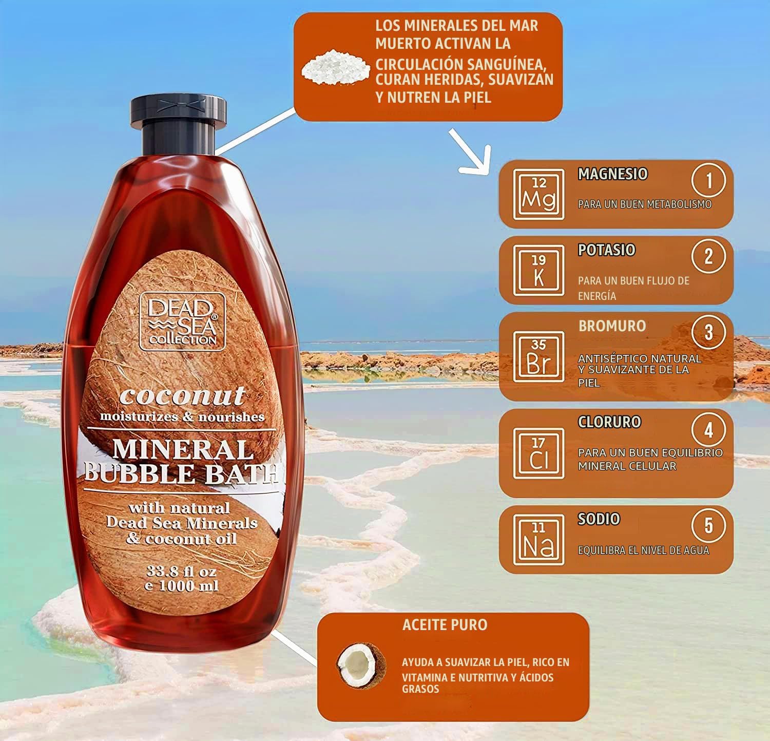 DEAD SEA COLLECTION BAÑO DE BURBUJAS CON COCO PARA MUJERES Y HOMBRES, ACEITE DE COCO Y MINERALES PUROS DEL MAR MUERTO, PIEL - 2