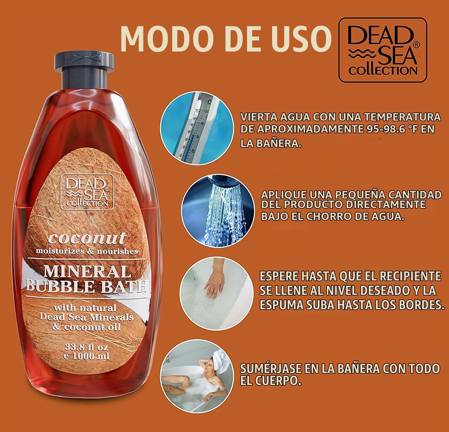 DEAD SEA COLLECTION BAÑO DE BURBUJAS CON COCO PARA MUJERES Y HOMBRES, ACEITE DE COCO Y MINERALES PUROS DEL MAR MUERTO, PIEL - 5