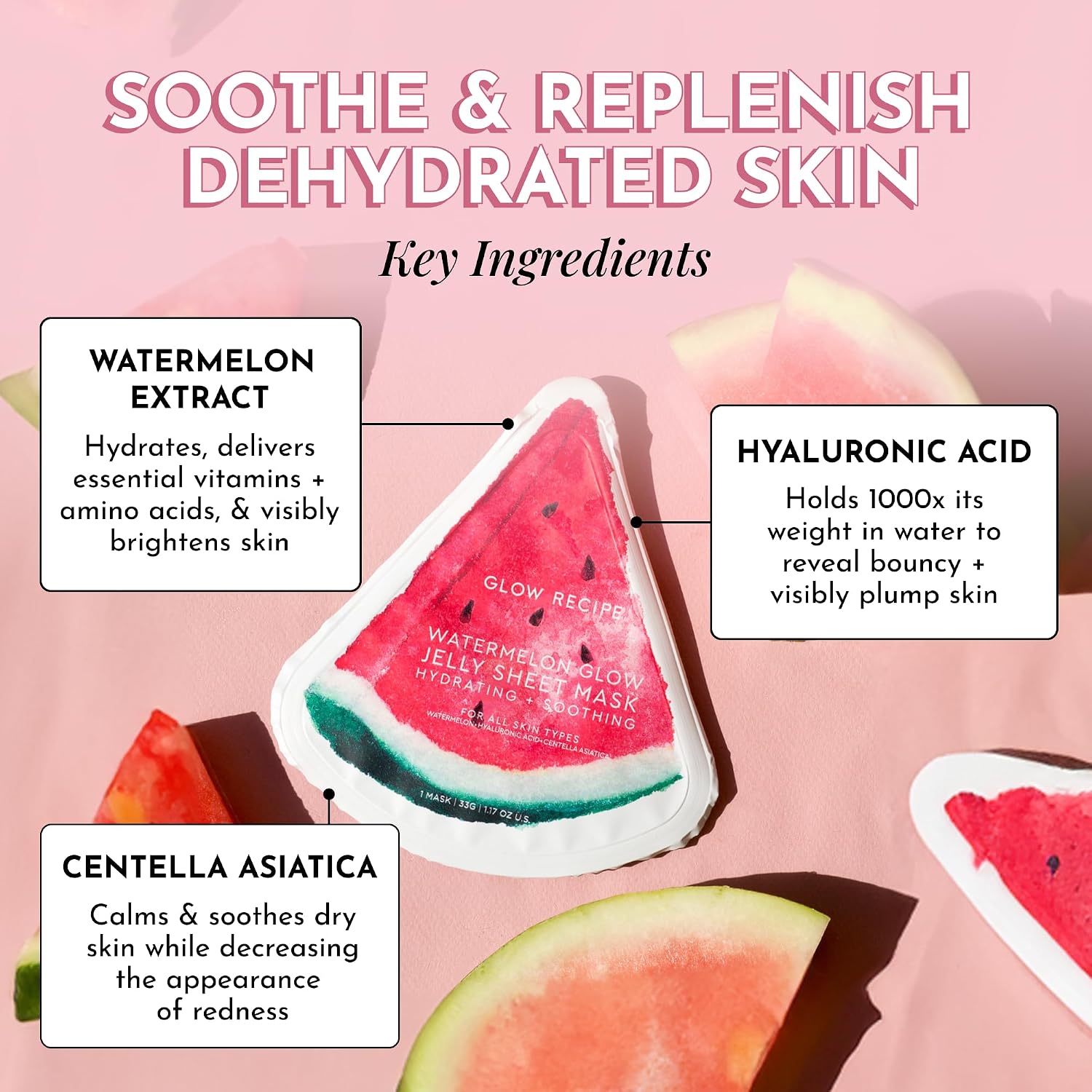 BRILLO GLOW RECIPE WATERMELON BRILLO GLOW JELLY - PAQUETE DE 3 MASCARILLAS DESECHABLES DE HIDROGEL CON CENTELLA ASIÁTICA - 2