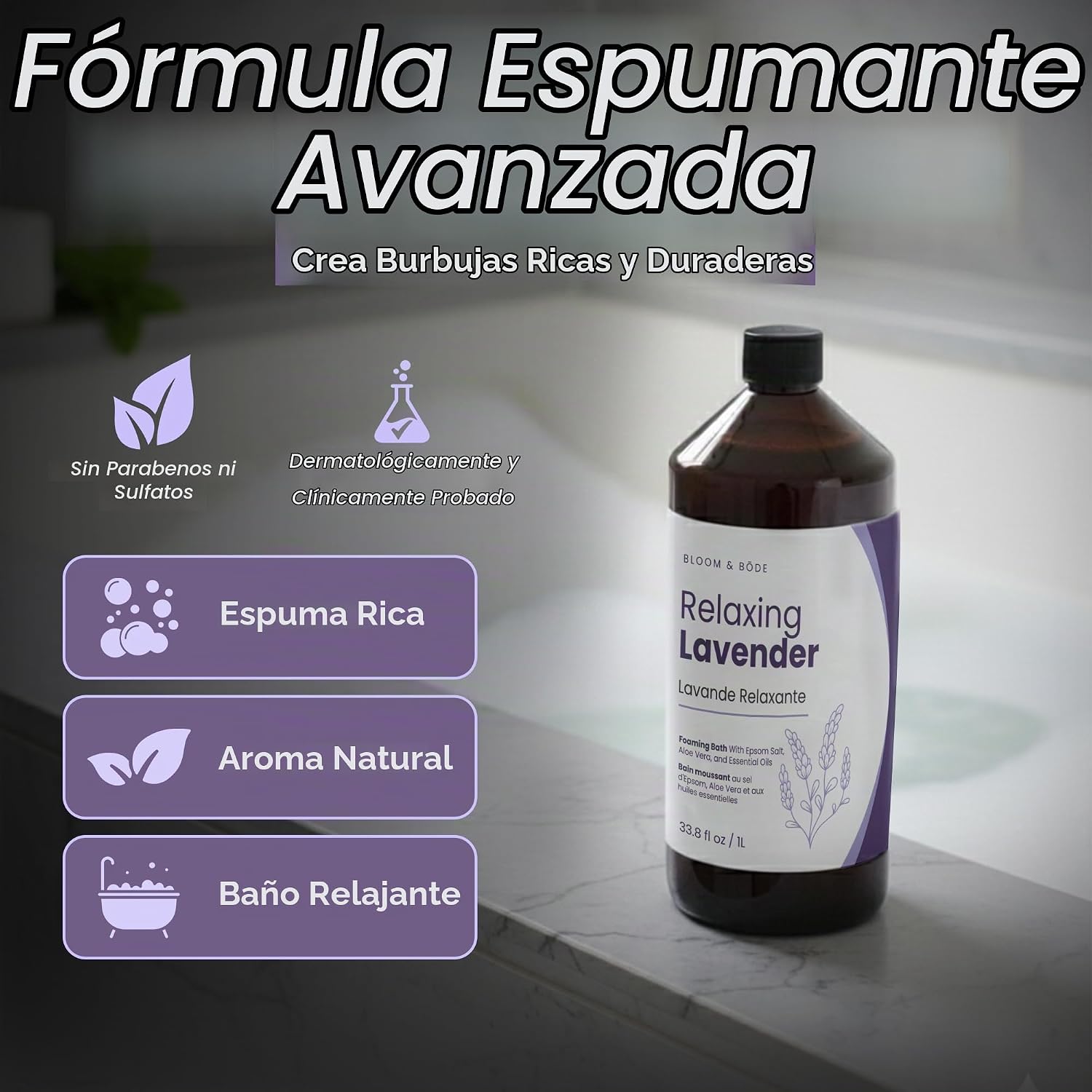 BAÑO ESPUMOSO DE LUJO, BAÑO DE BURBUJAS PERFUMADO NATURAL CON ACEITES ESENCIALES Y SAL DE EPSOM, AROMA RELAJANTE DE LAVANDA, - 2