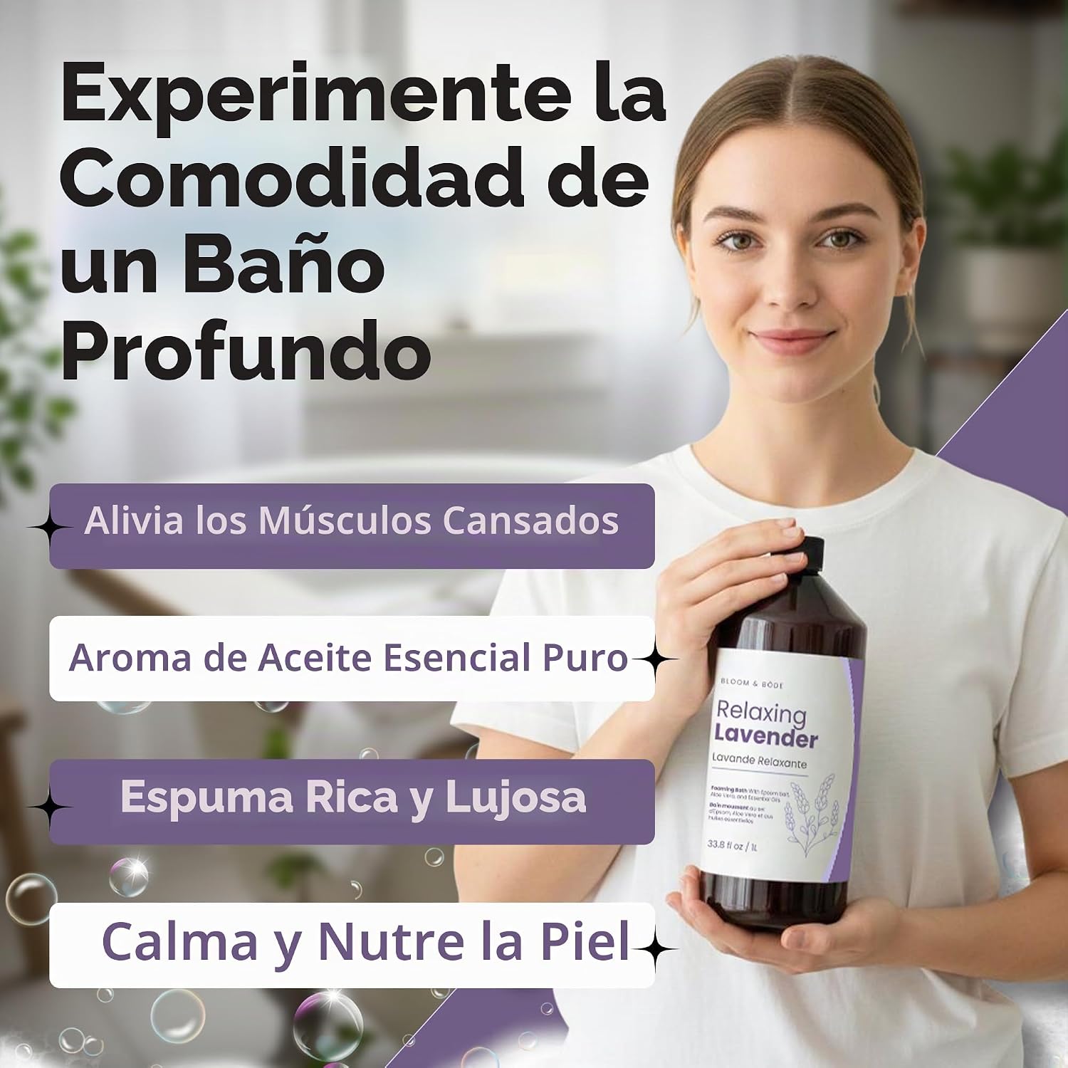 BAÑO ESPUMOSO DE LUJO, BAÑO DE BURBUJAS PERFUMADO NATURAL CON ACEITES ESENCIALES Y SAL DE EPSOM, AROMA RELAJANTE DE LAVANDA, - 3
