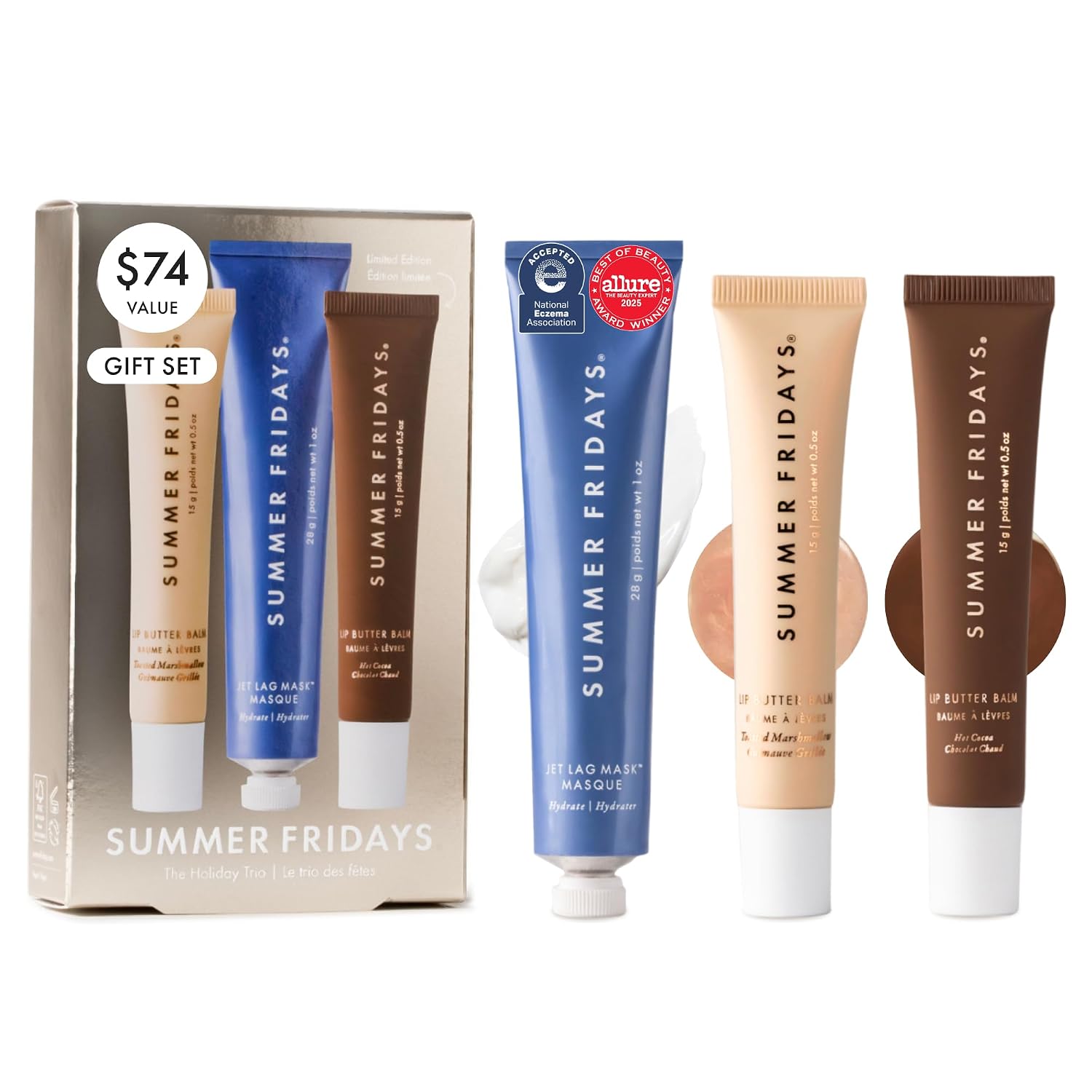 SUMMER FRIDAYS HYDRATION TRIO - MÁSCARA DE JET LAG TAMAÑO VIAJE BÁLSAMO LABIAL DE TAMAÑO COMPLETO EN CHOCOLATE CALIENTE - 1