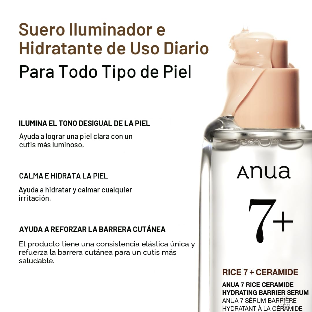 ANUA RICE CERAMIDE 7 SUERO HIDRATANTE DE BARRERA, SUERO HIDRATANTE PARA LA CARA, ARROZ, ÁCIDO HIALURÓNICO, NIACINAMIDA, SIN - 3