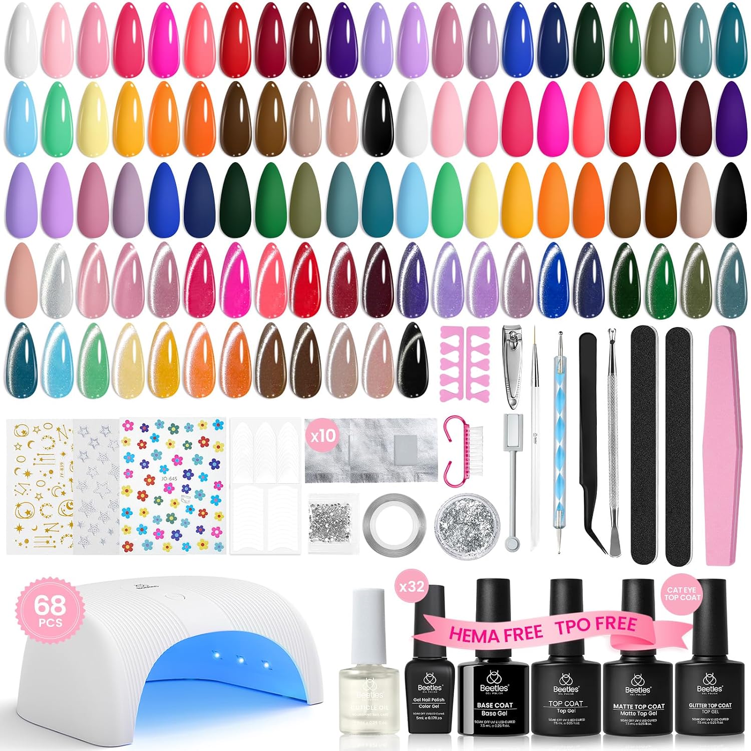 BEETLES DEAL BOX - KIT DE MAQUILLAJE DE ESMALTE DE UÑAS DE GEL CON LUZ UV, 32 COLORES, 68 PIEZAS - 1