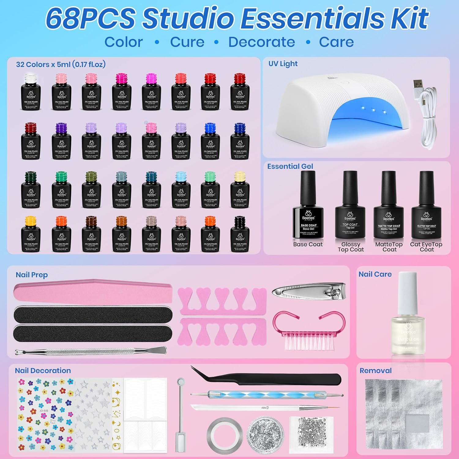 BEETLES DEAL BOX - KIT DE MAQUILLAJE DE ESMALTE DE UÑAS DE GEL CON LUZ UV, 32 COLORES, 68 PIEZAS - 3